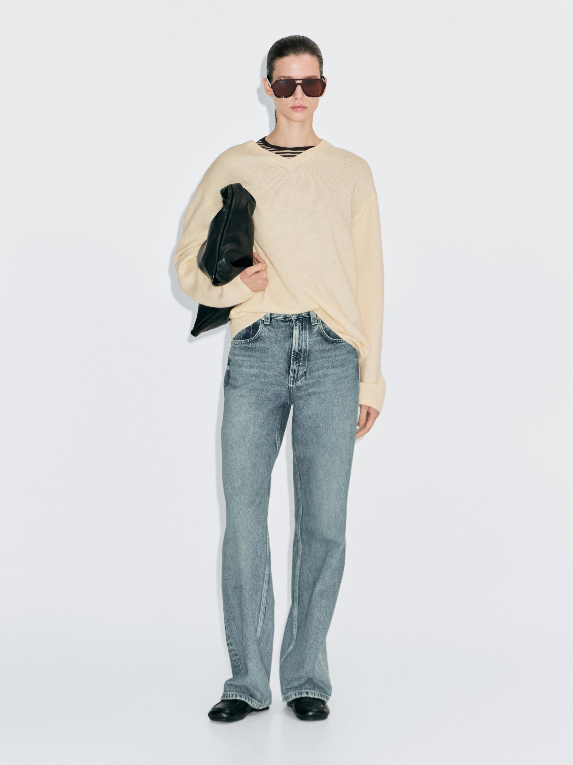 Maglia Oversize Con Scollo A V - Vaniglia - S - Massimo Dutti - Femminile