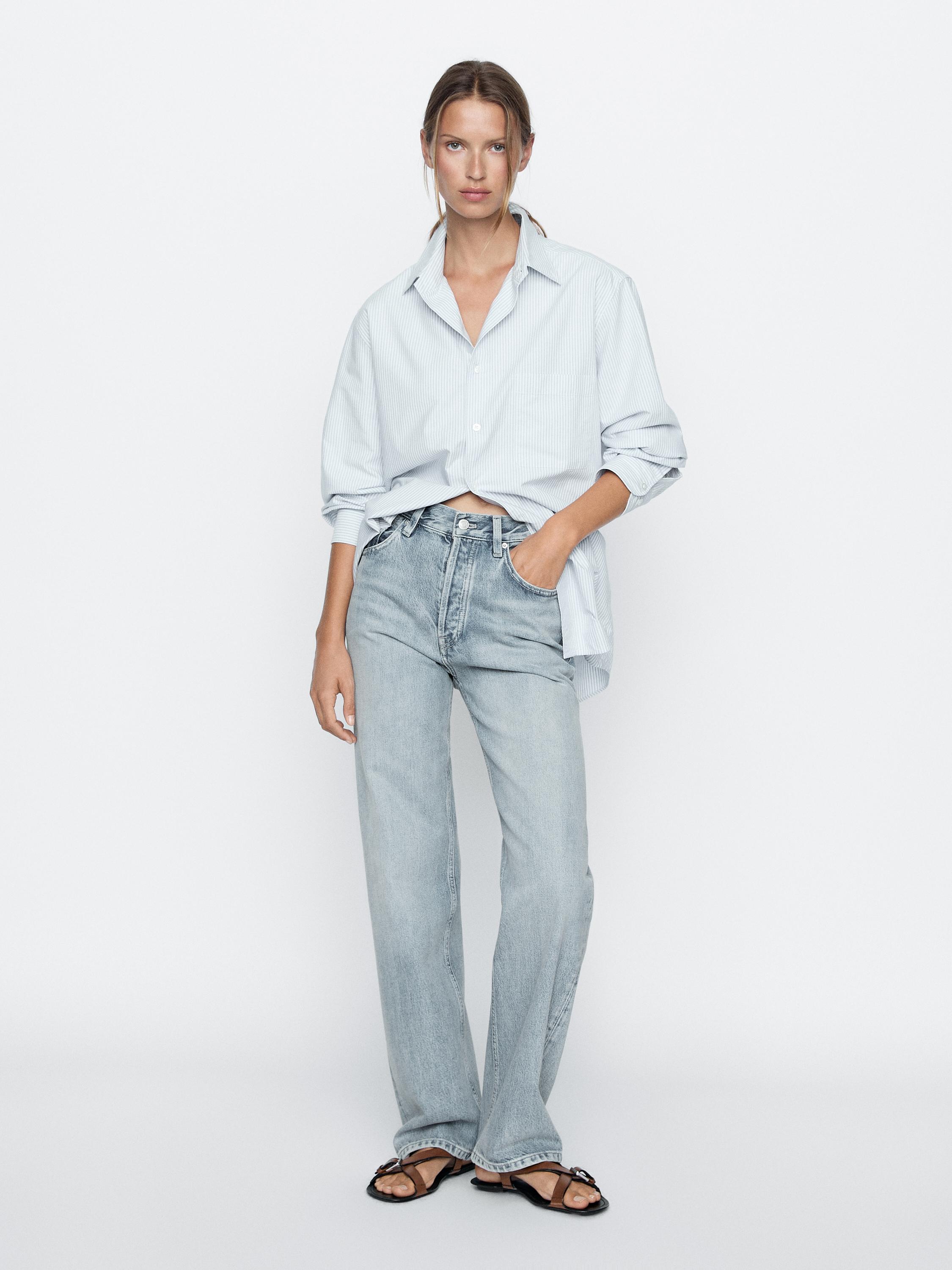 Cotton blend high-waist straight-leg jeans