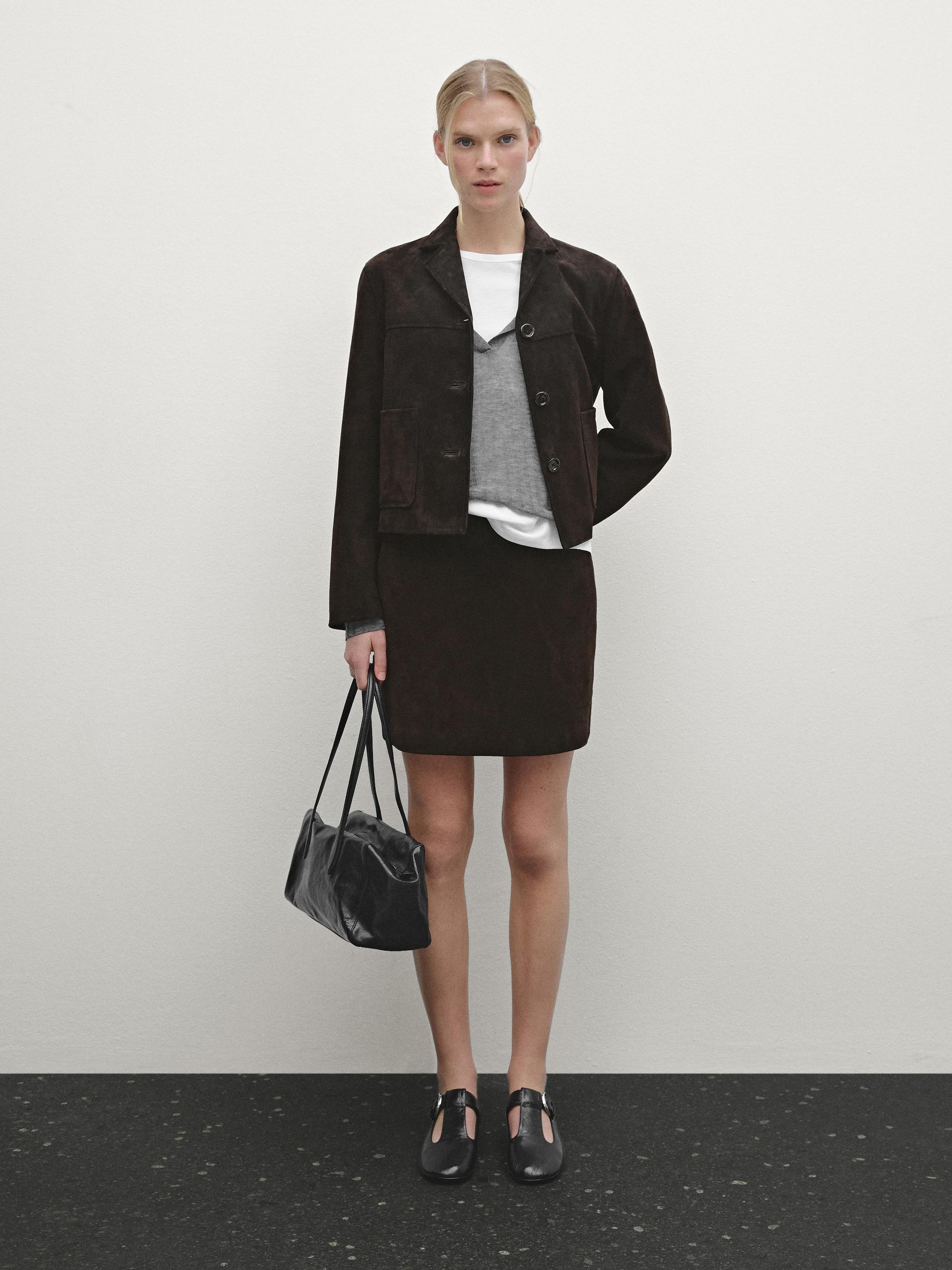 Falda Mini Ante Piel - Marrón - S - Massimo Dutti - Mujer