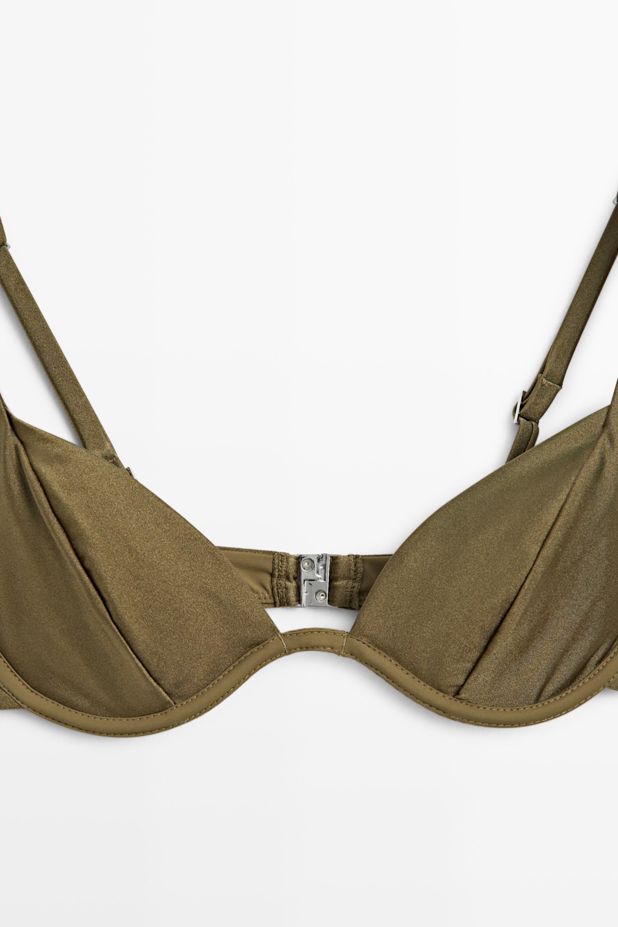 Shimmery gathered underwire bikini top — KHAKI