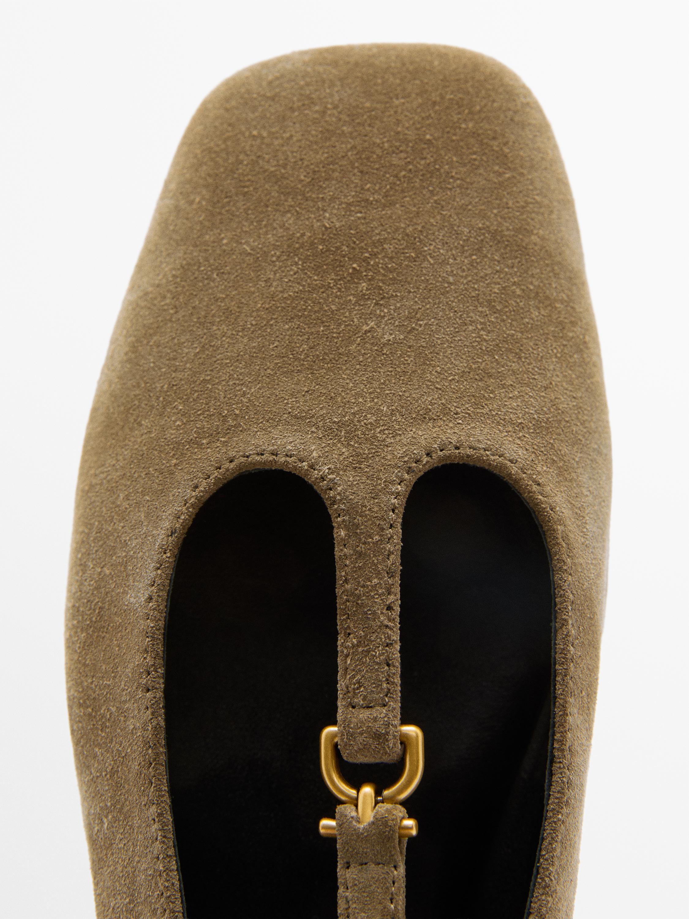 Split suede ballet flats with instep strap — TAUPE