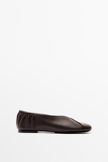 Crossed leather ballet flat — BROWN 1