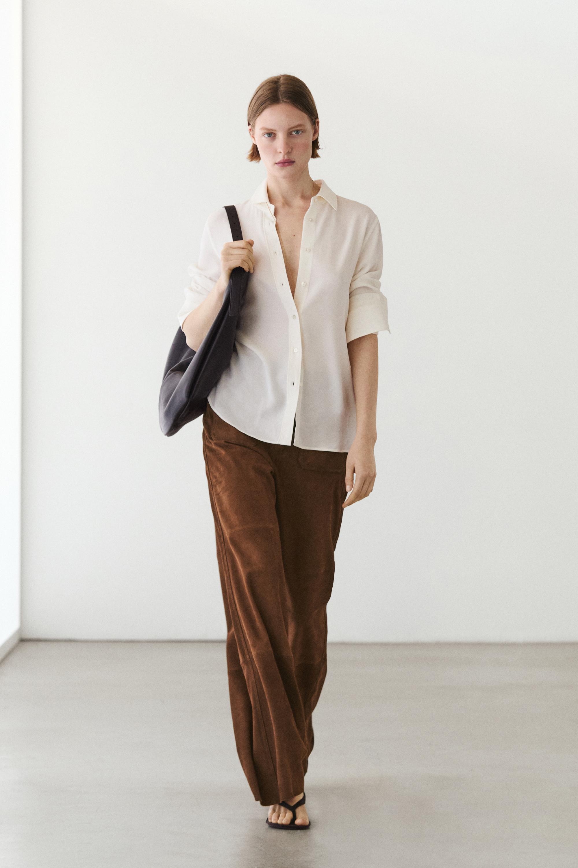 Suede leather wide-leg trousers with pockets — BROWN