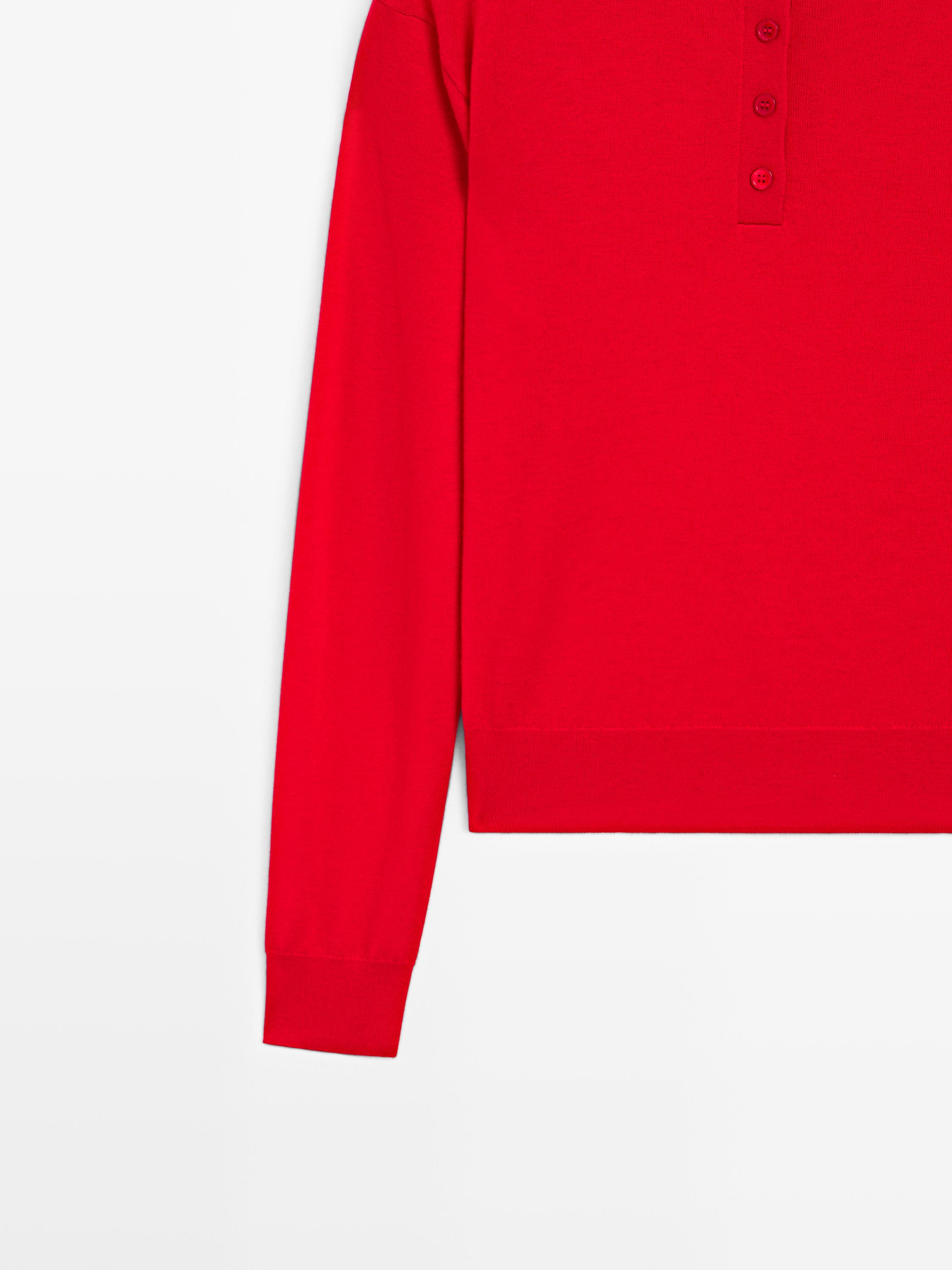 Buttoned mock turtleneck knit sweater — RED