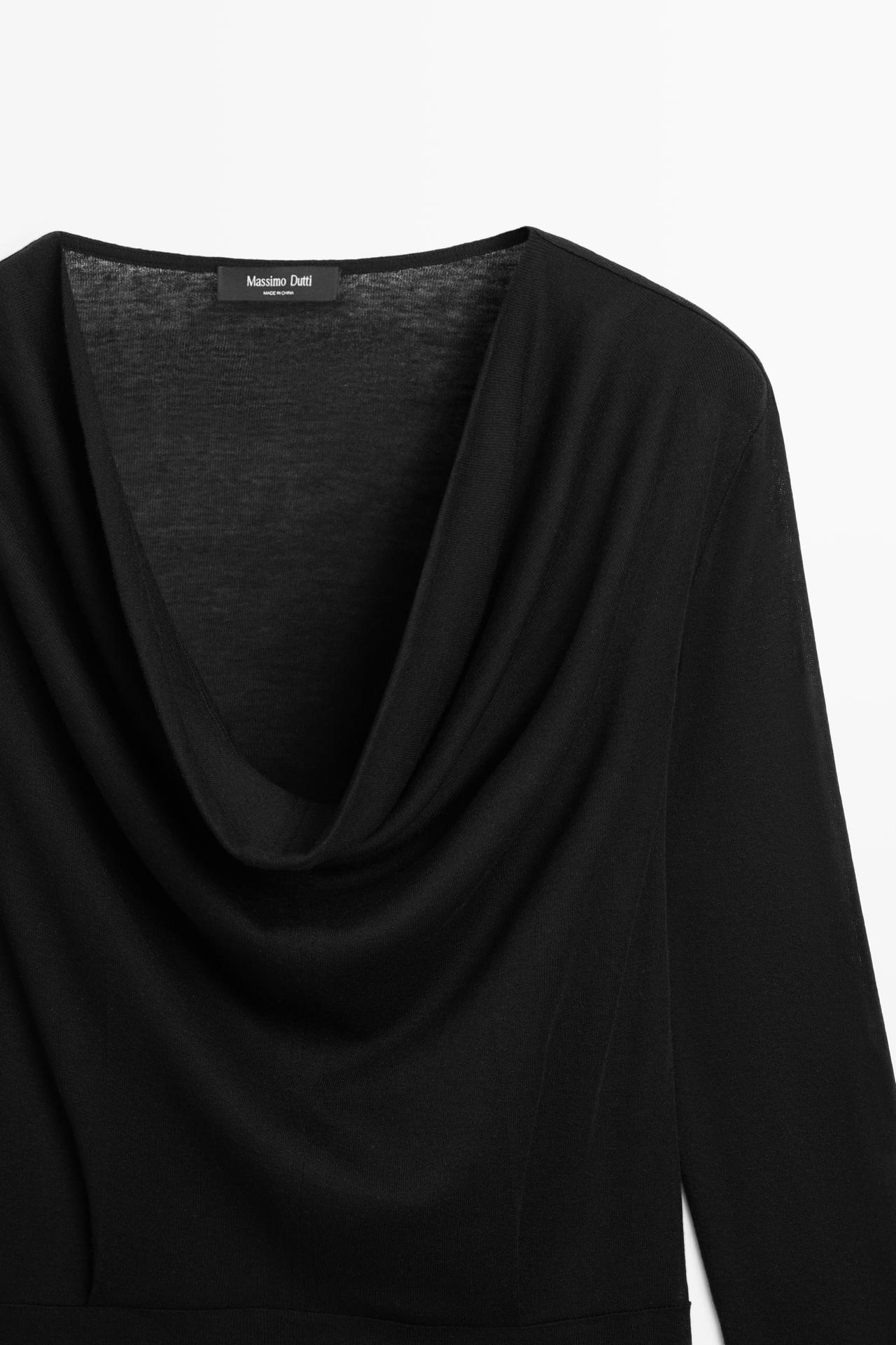 Long sleeve top with draped neckline — BLACK