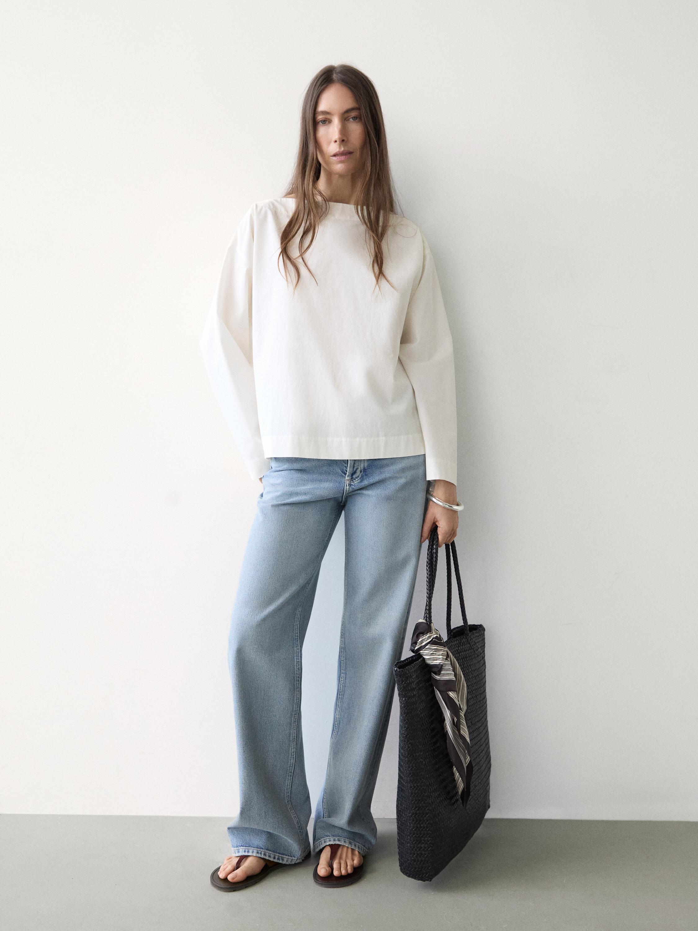 Poplin boat neck blouse — WHITE