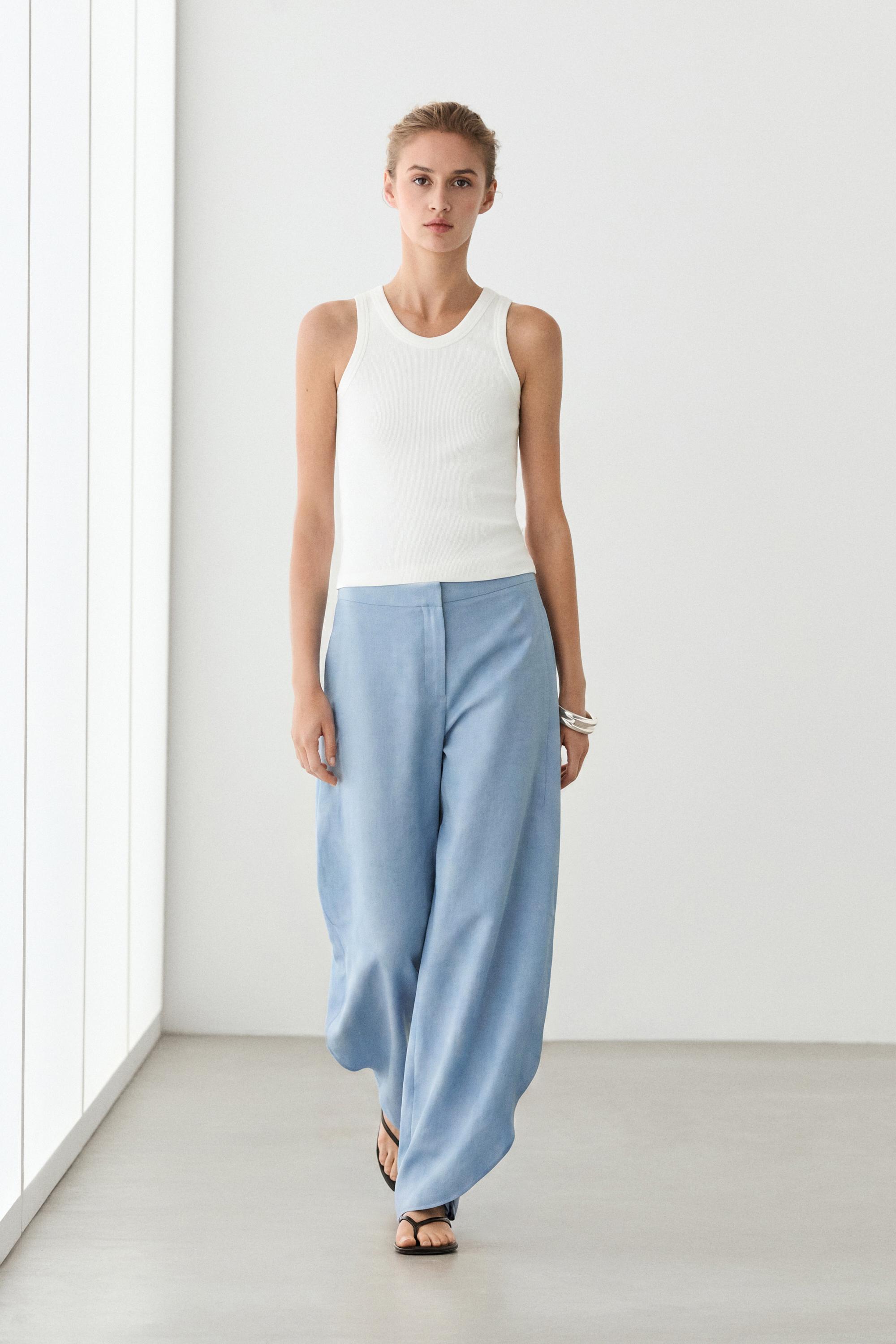 Pantaloni Ampi In Misto Lino - Celeste - 40 (It 44) - Massimo Dutti - Female-image