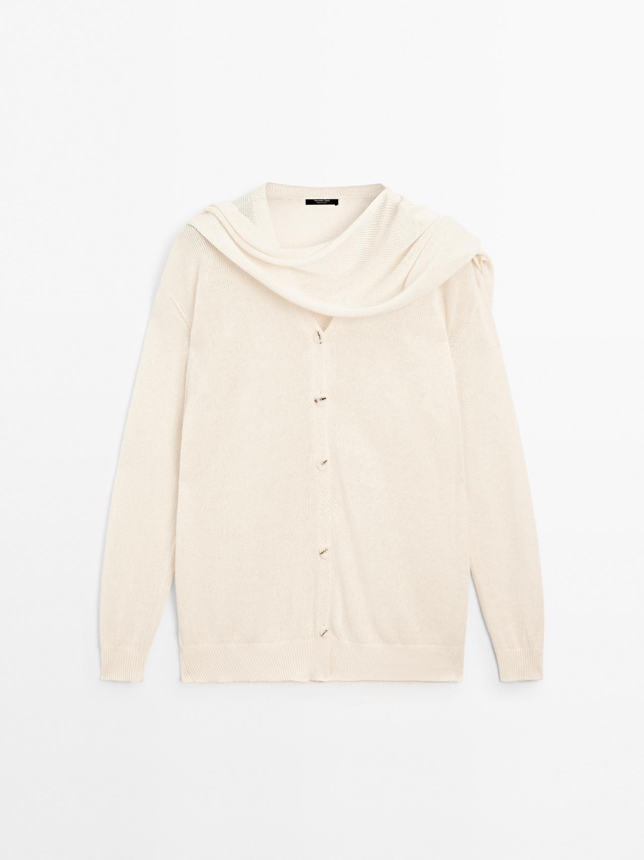 Massimo Dutti - Dame - Strikket Cardigan I Hørblanding Med Tørklæde - Råhvid - M