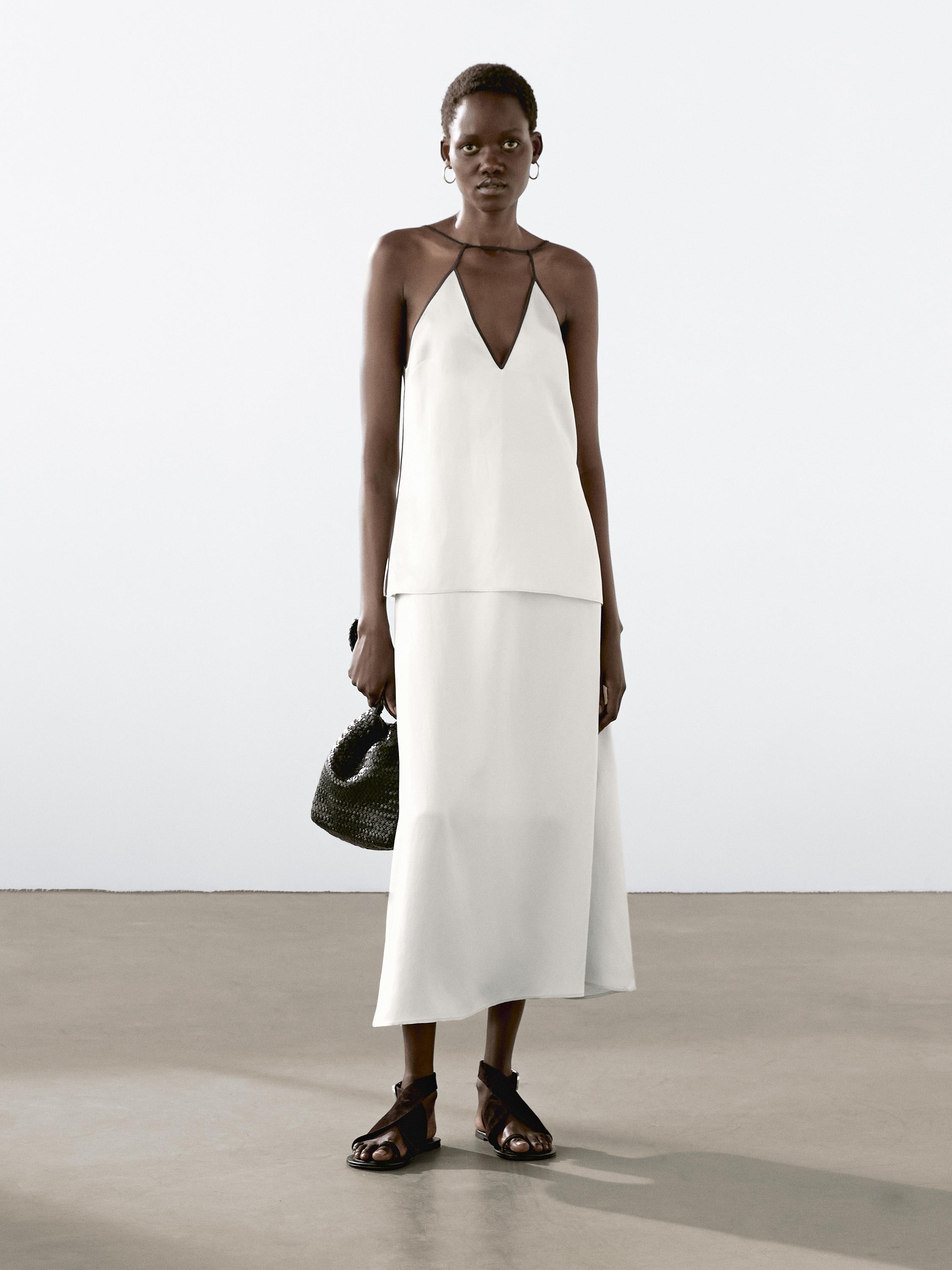 Satin midi skirt with trims