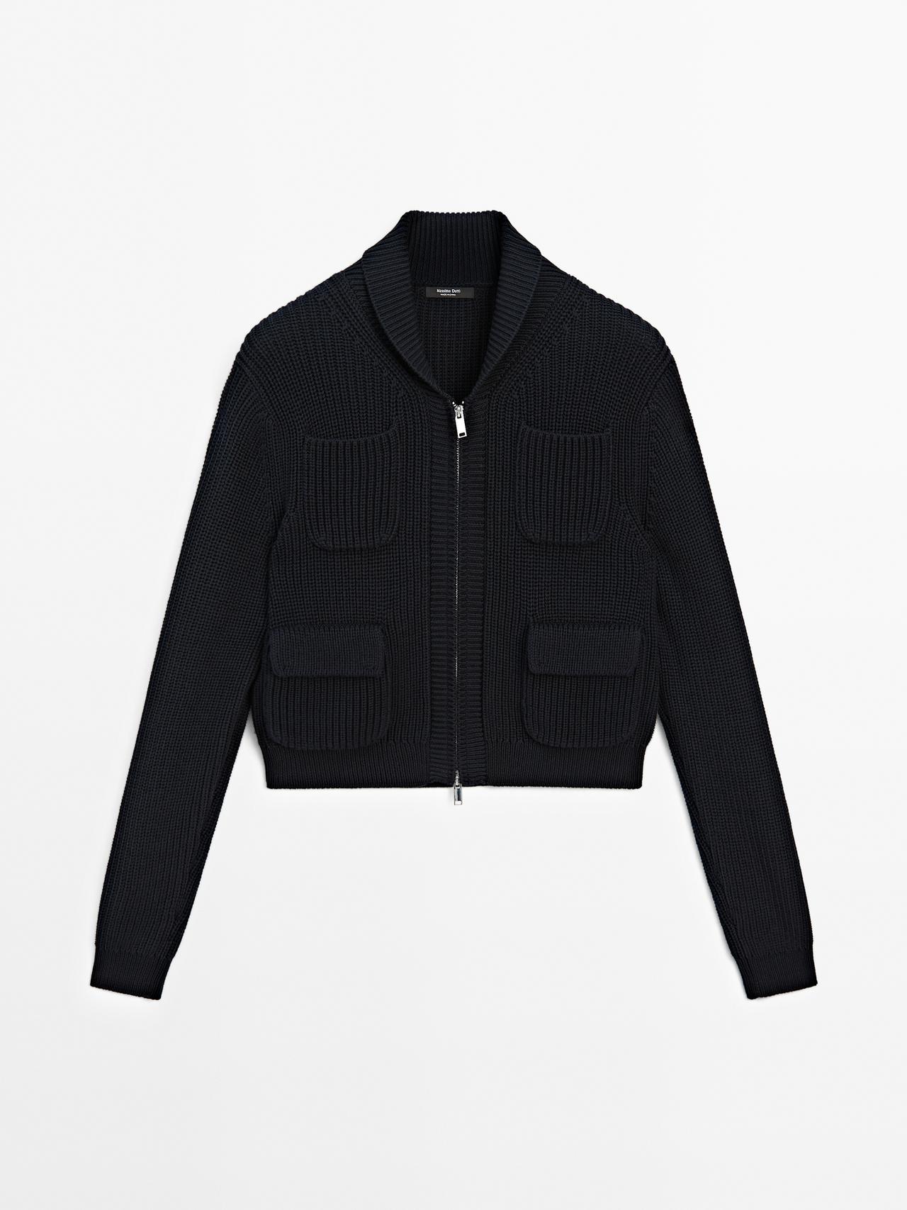 Massimo Dutti - Dame - Cardigan I Strik Med Lynlås - Marineblå - S