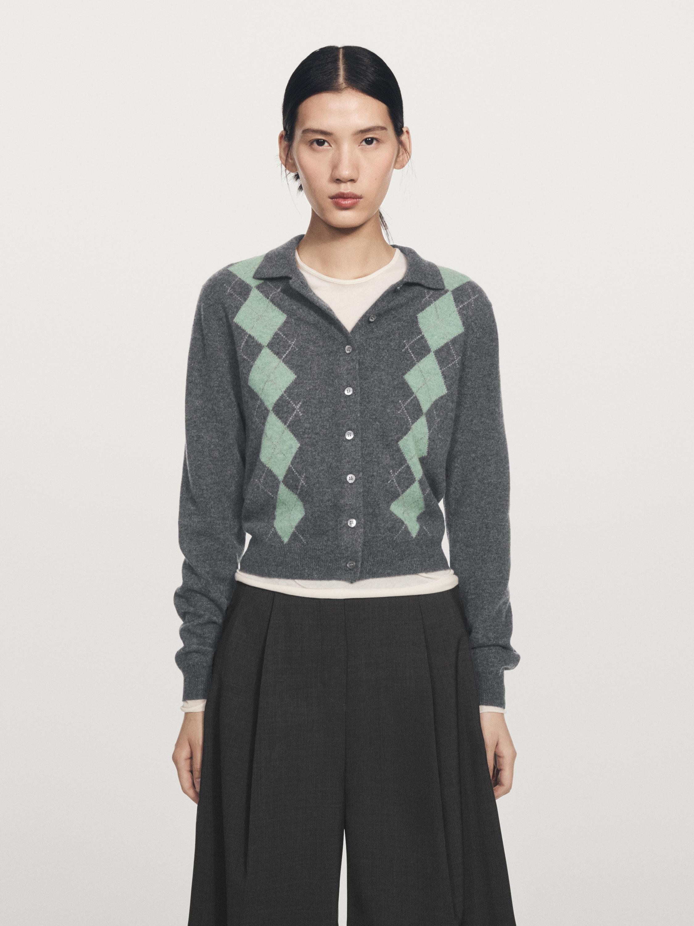 Wool blend argyle knit cardigan