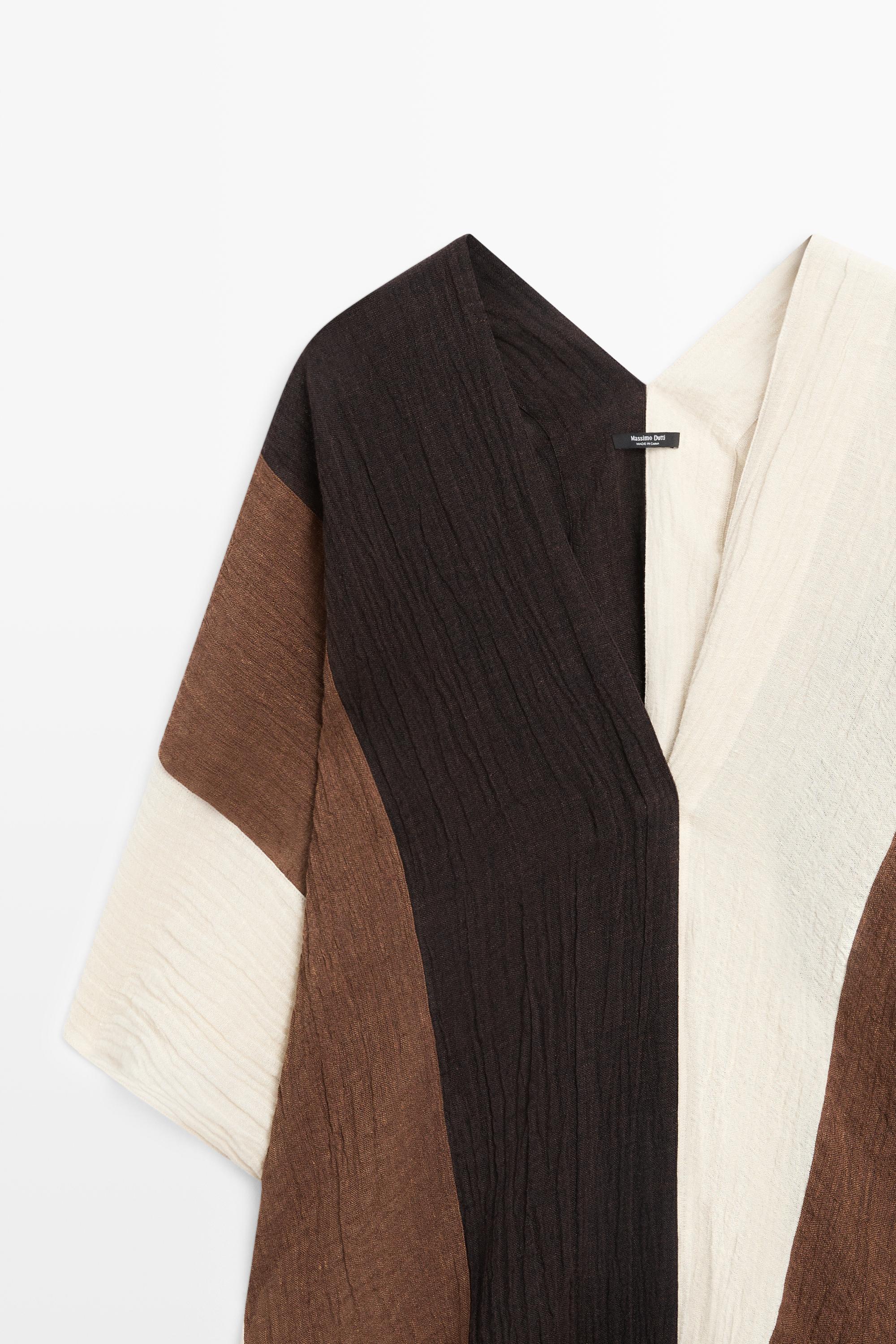 Textured tricolor linen blend kaftan — BROWN