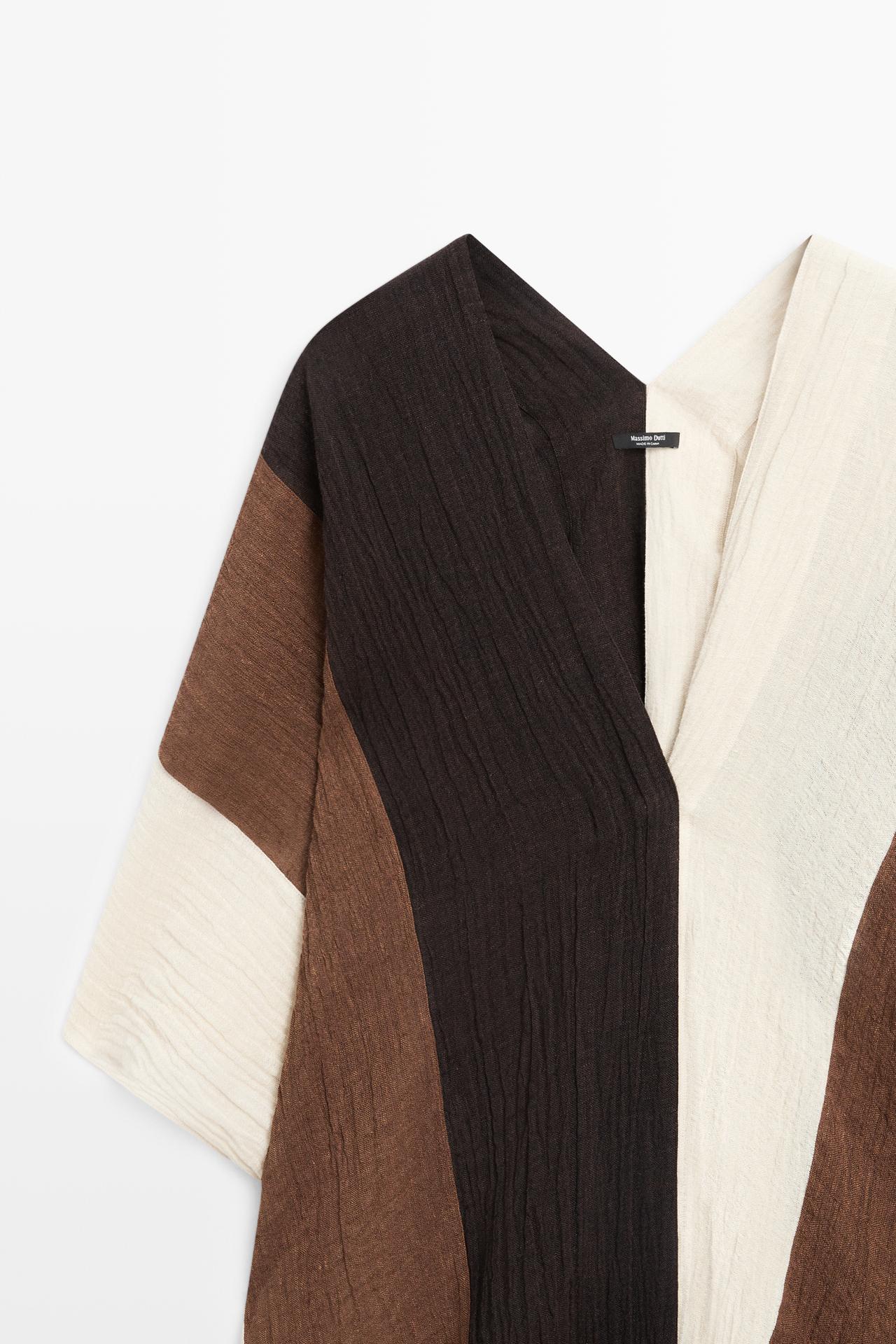 Textured tricolor linen blend kaftan — BROWN
