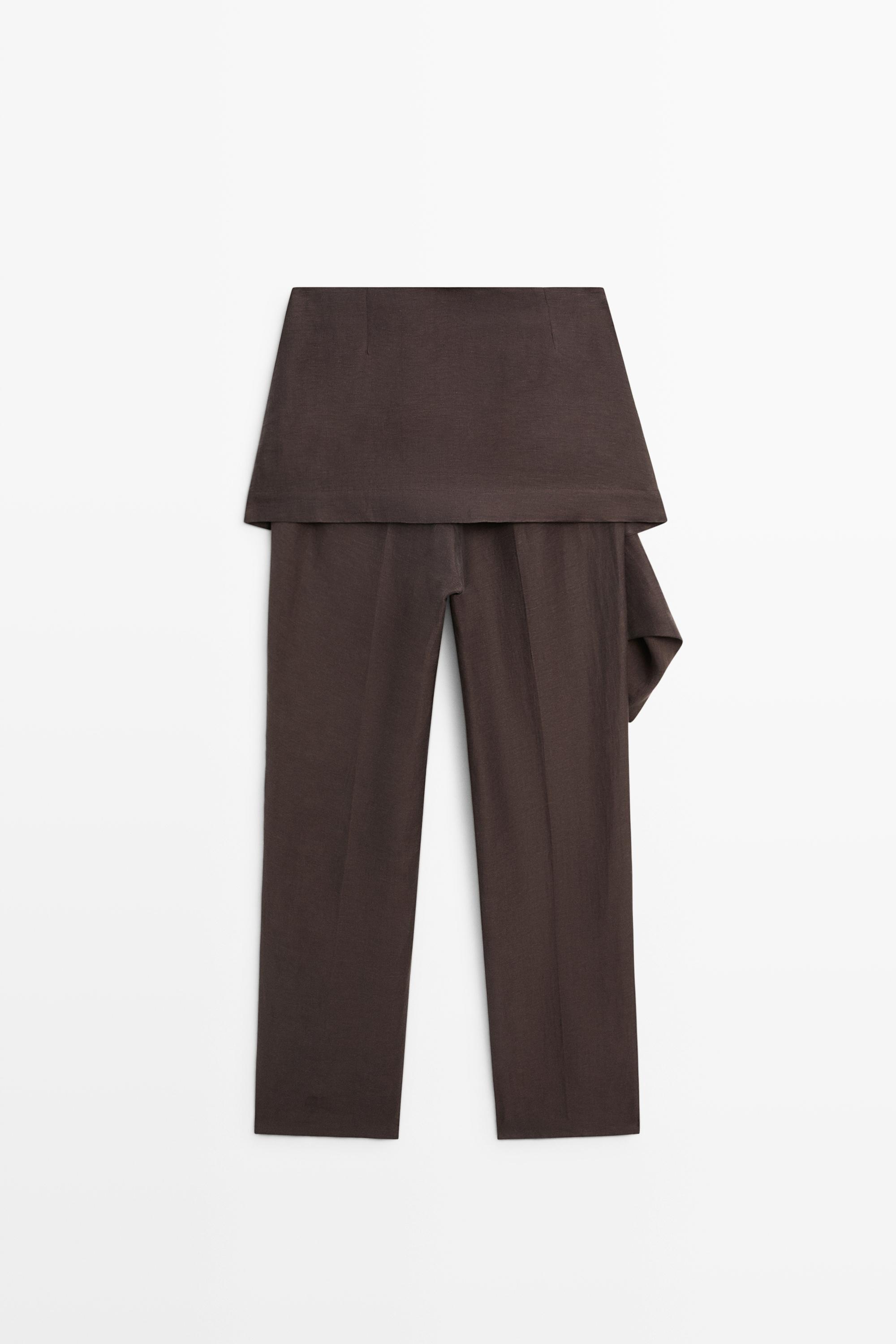 Pants with skirt detail and linen — Chocolate