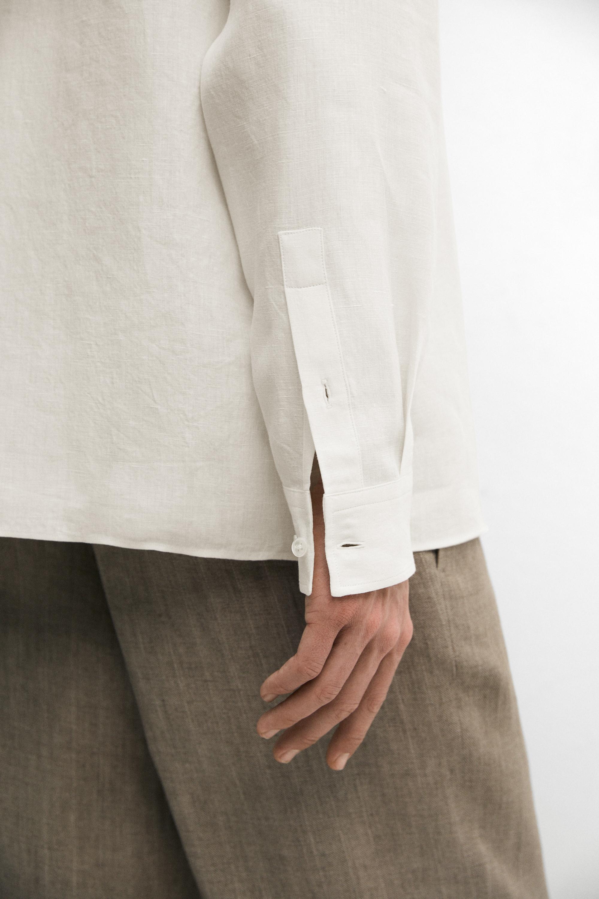 100% linen regular fit shirt with stand collar — CREAM