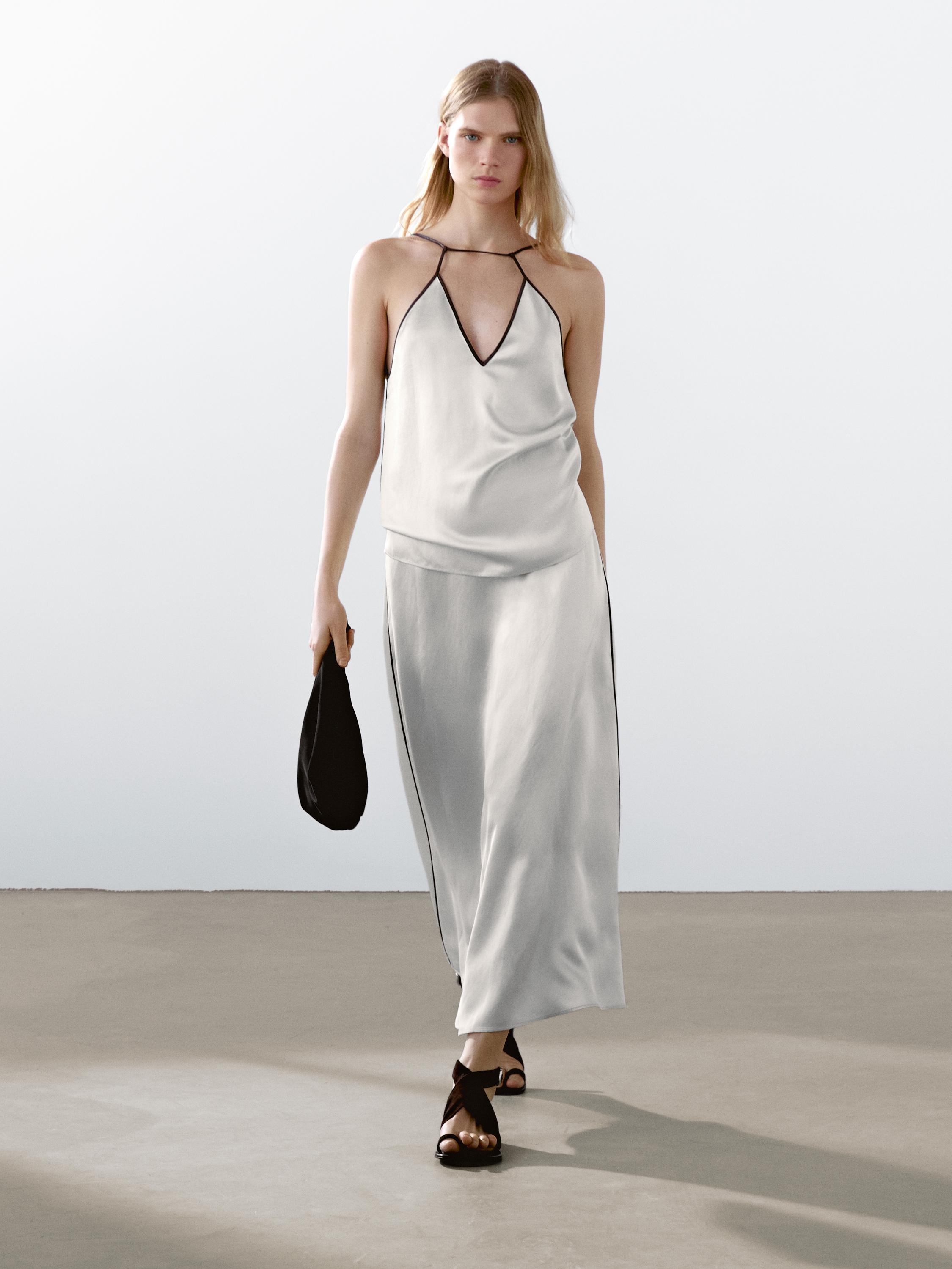 Satin halter top with trims