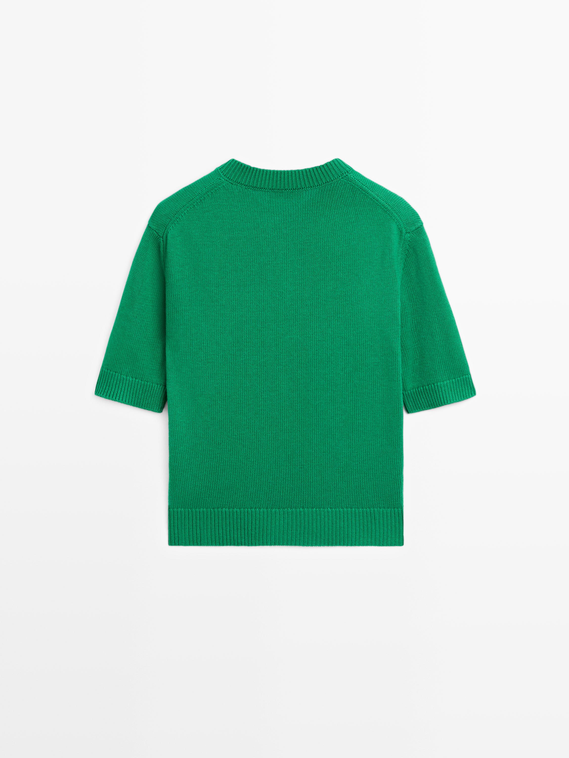 Cotton blend short sleeve knit cardigan — GREEN