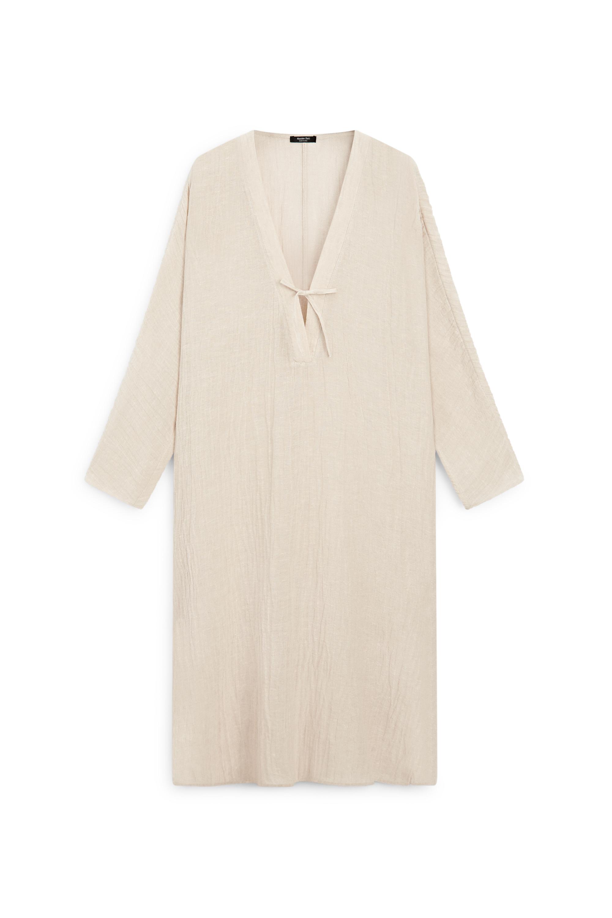 Linen blend kaftan dress with tied neckline — Off white