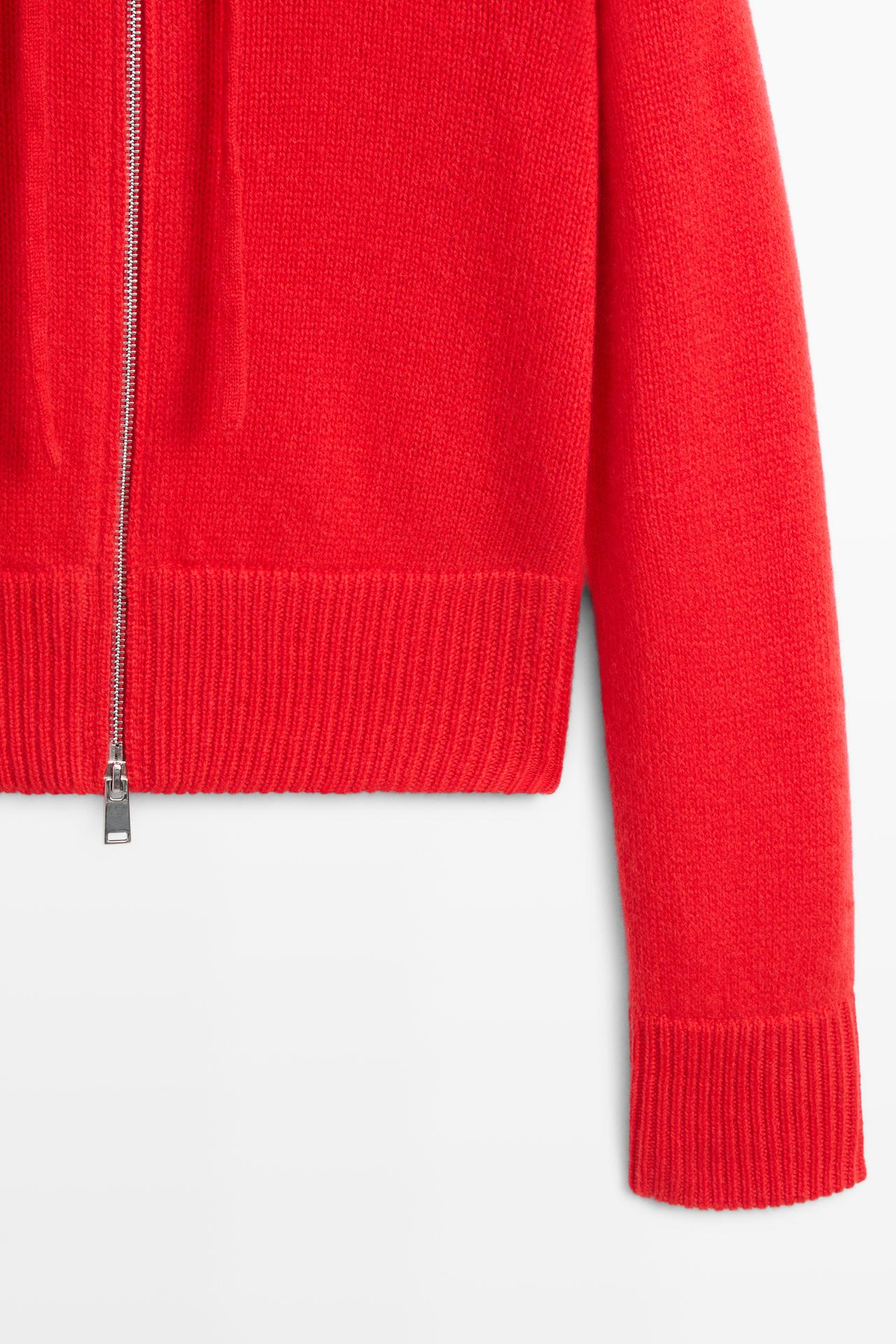 100% cashmere hooded zip-up cardigan — RED
