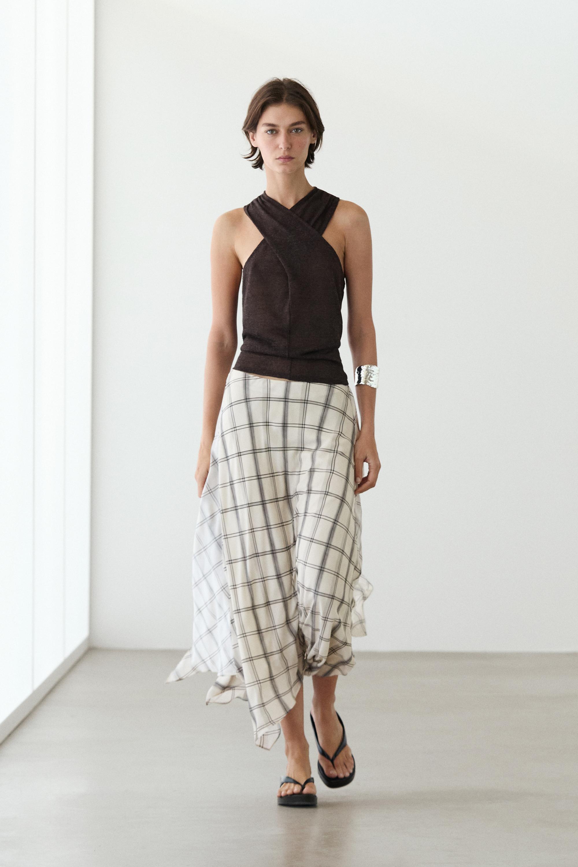 Asymmetric midi skirt with check detail — WHITE