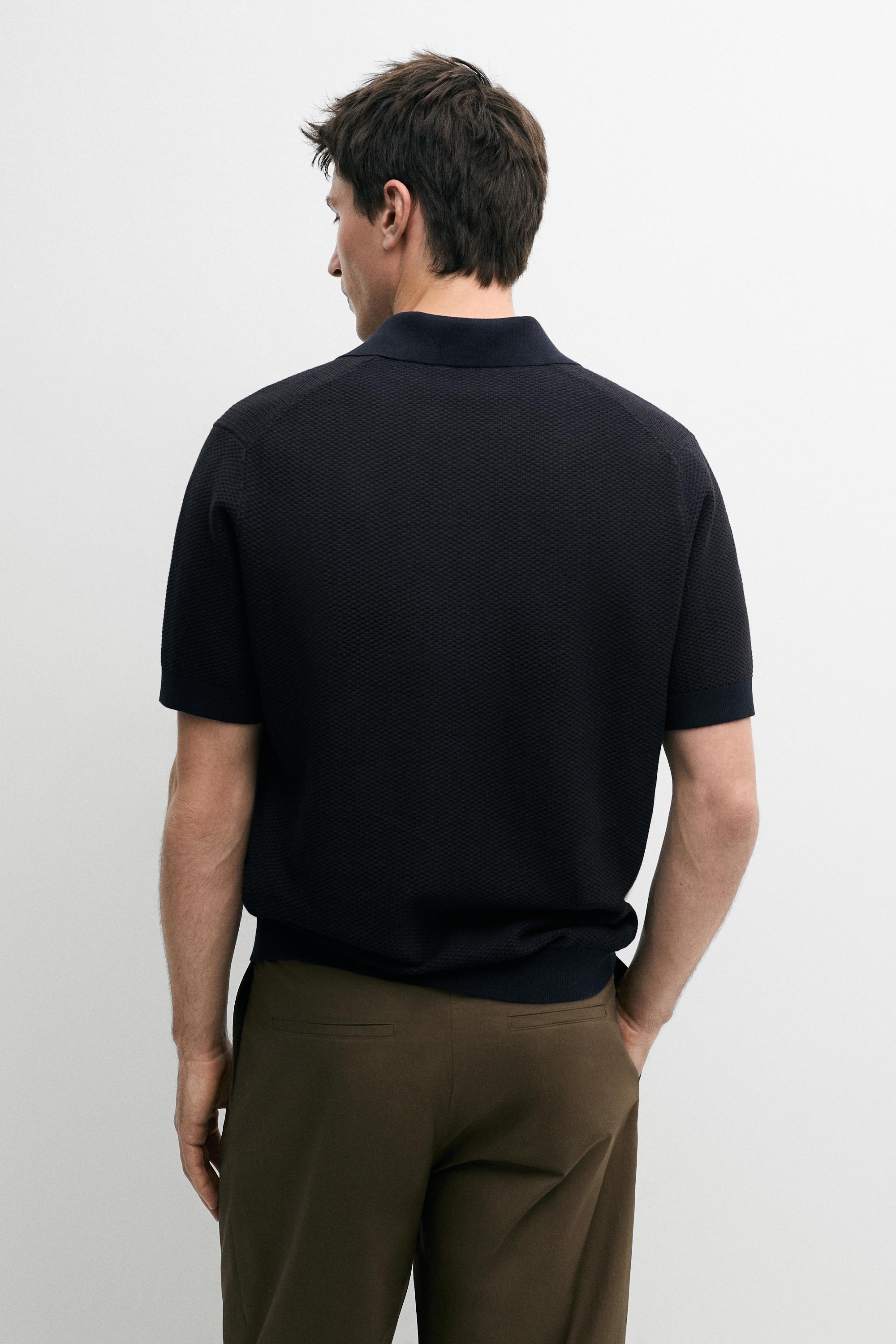 100% cotton textured knit polo sweater — NAVY BLUE