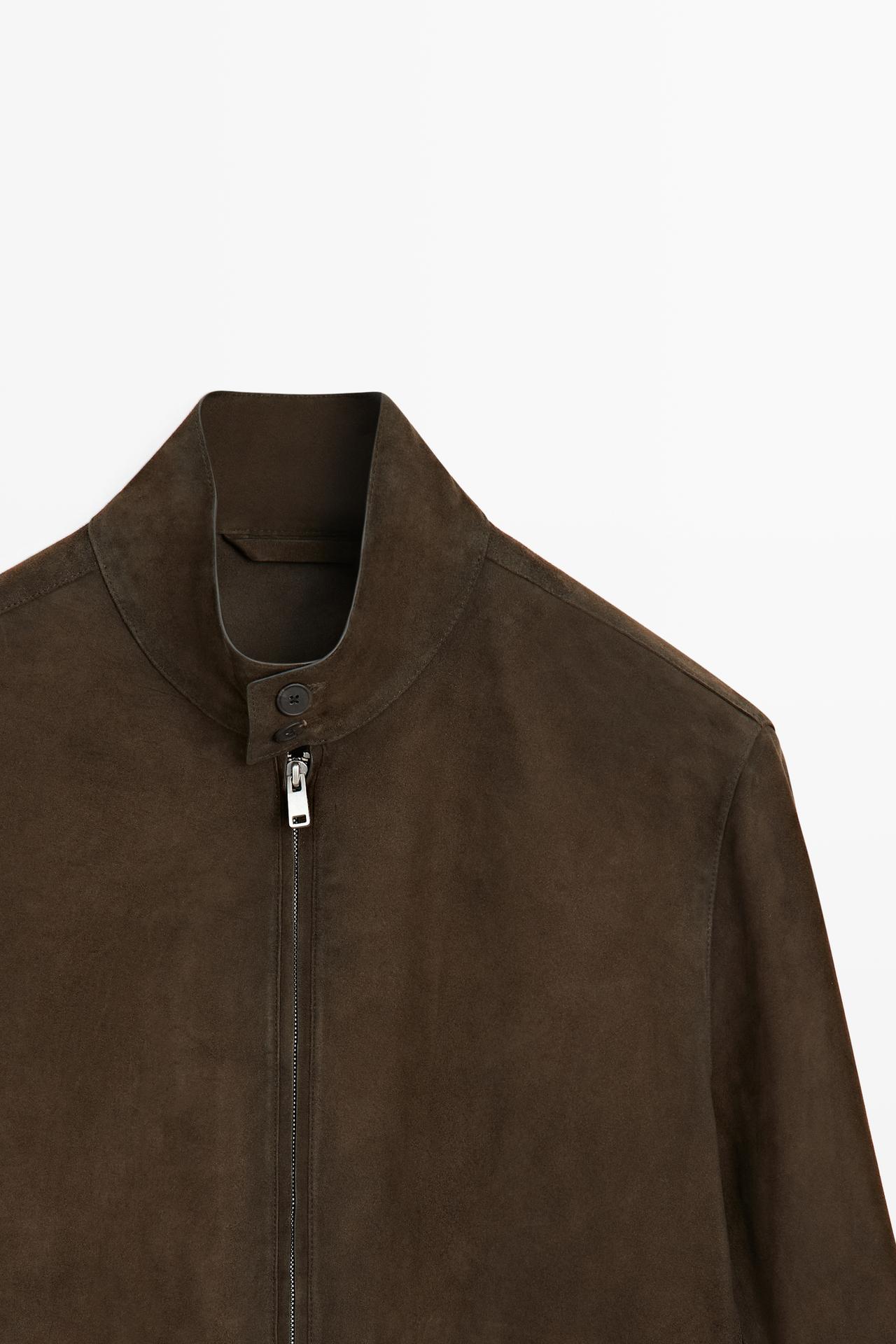 SUEDE STAND COLLAR BOMBER JACKET WITH ZIP — Chocolate