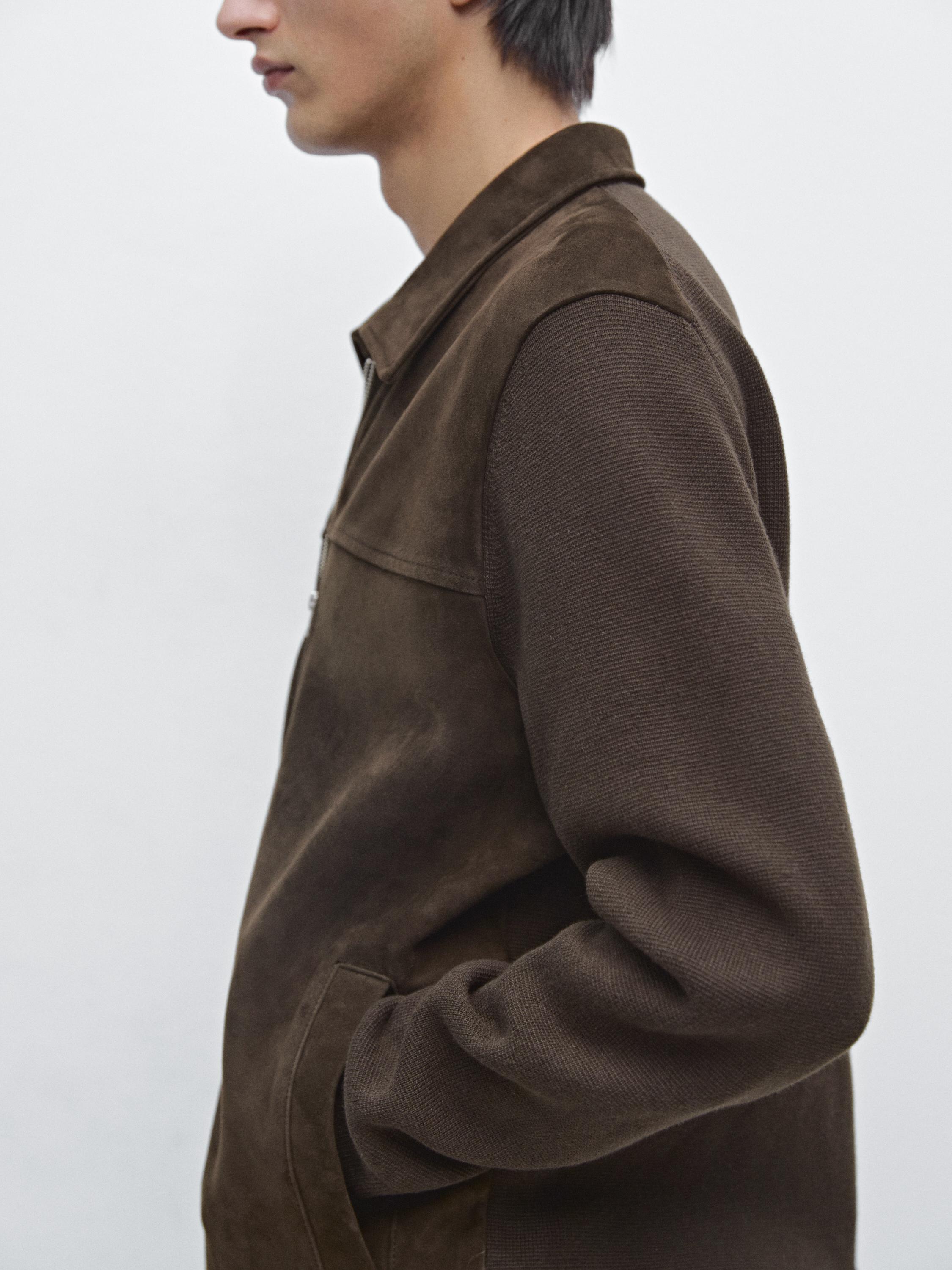 Contrast cotton and leather jacket — BROWN