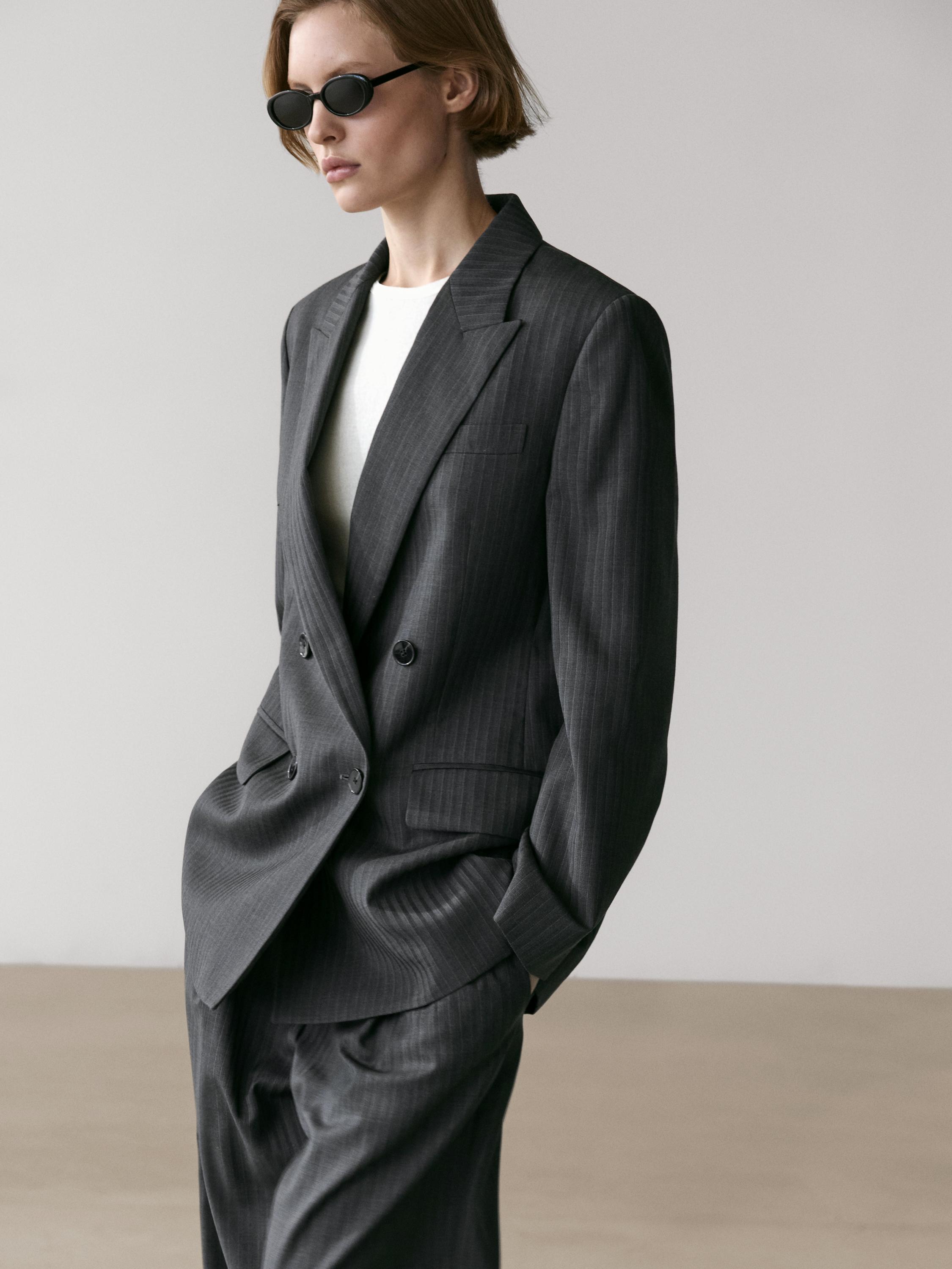 Pinstripe cool wool blend suit blazer — GREY