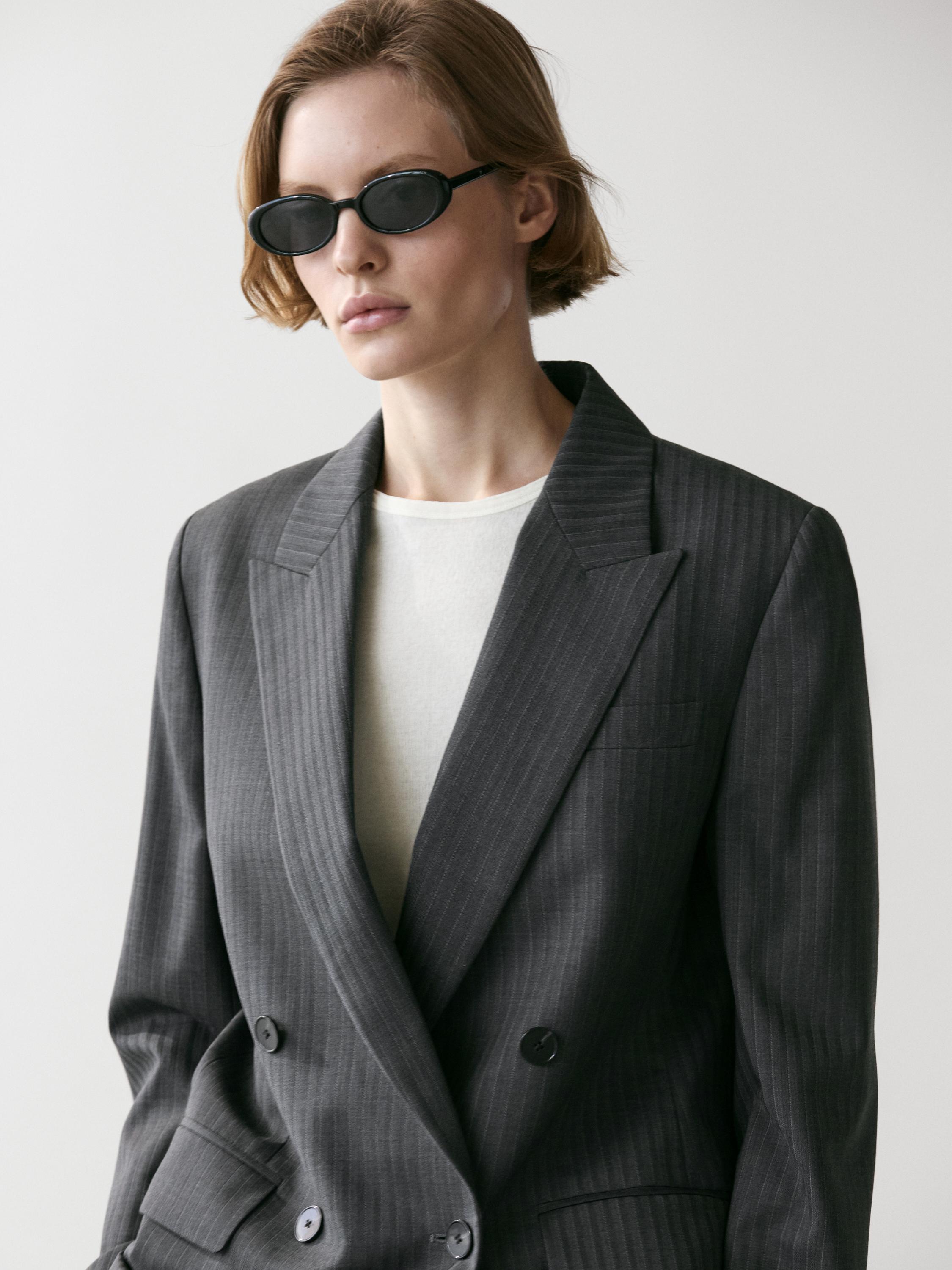 Pinstripe cool wool blend suit blazer — GREY