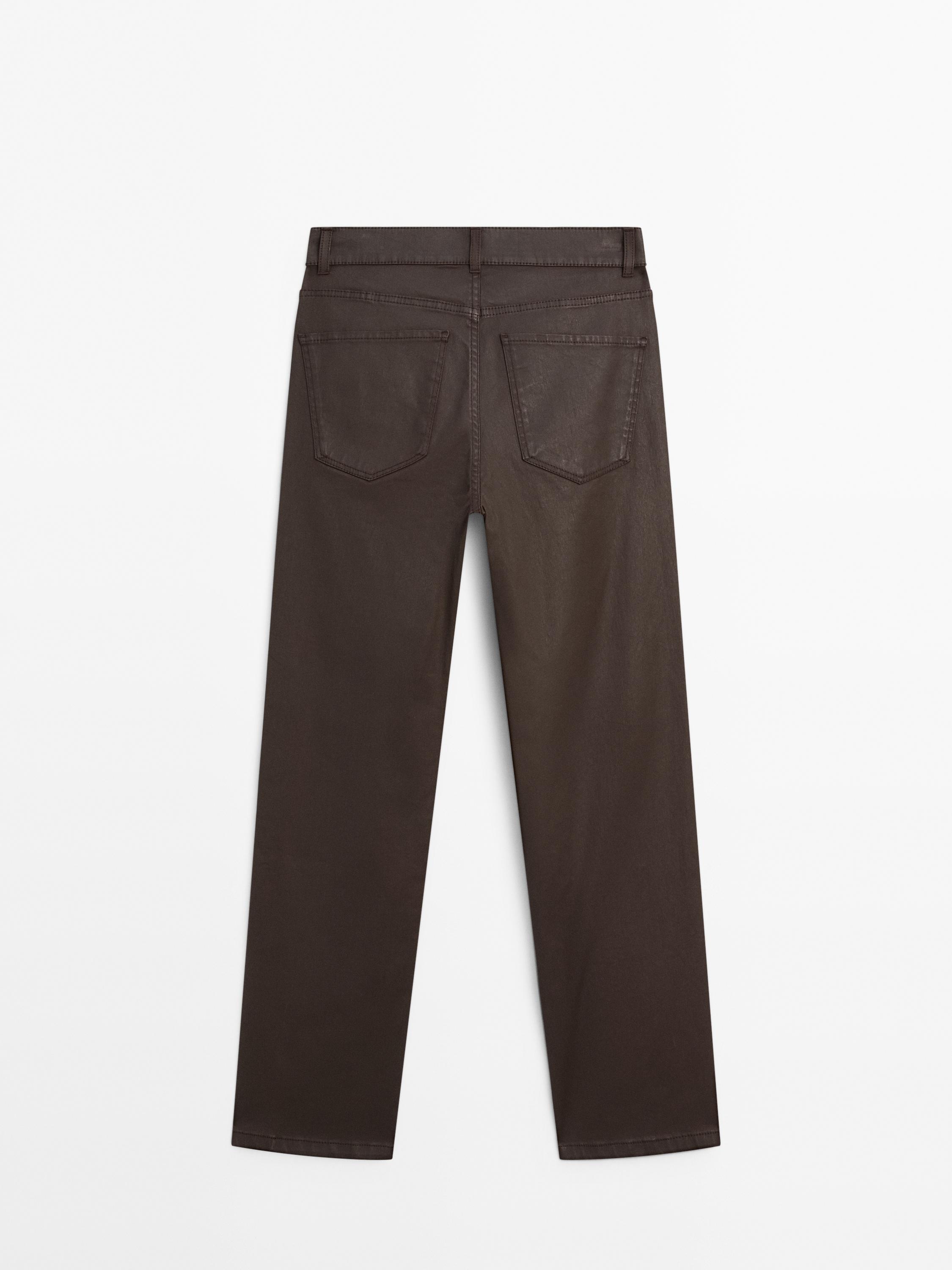 High-waist straight-leg waxed trousers — BROWN