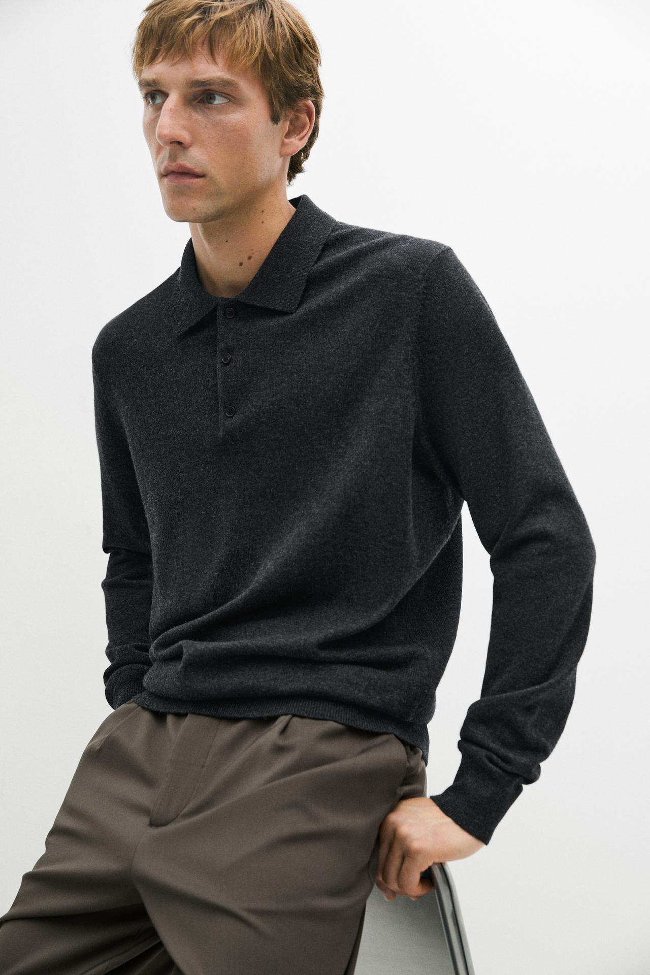 100% cashmere knit polo sweater — CHARCOAL