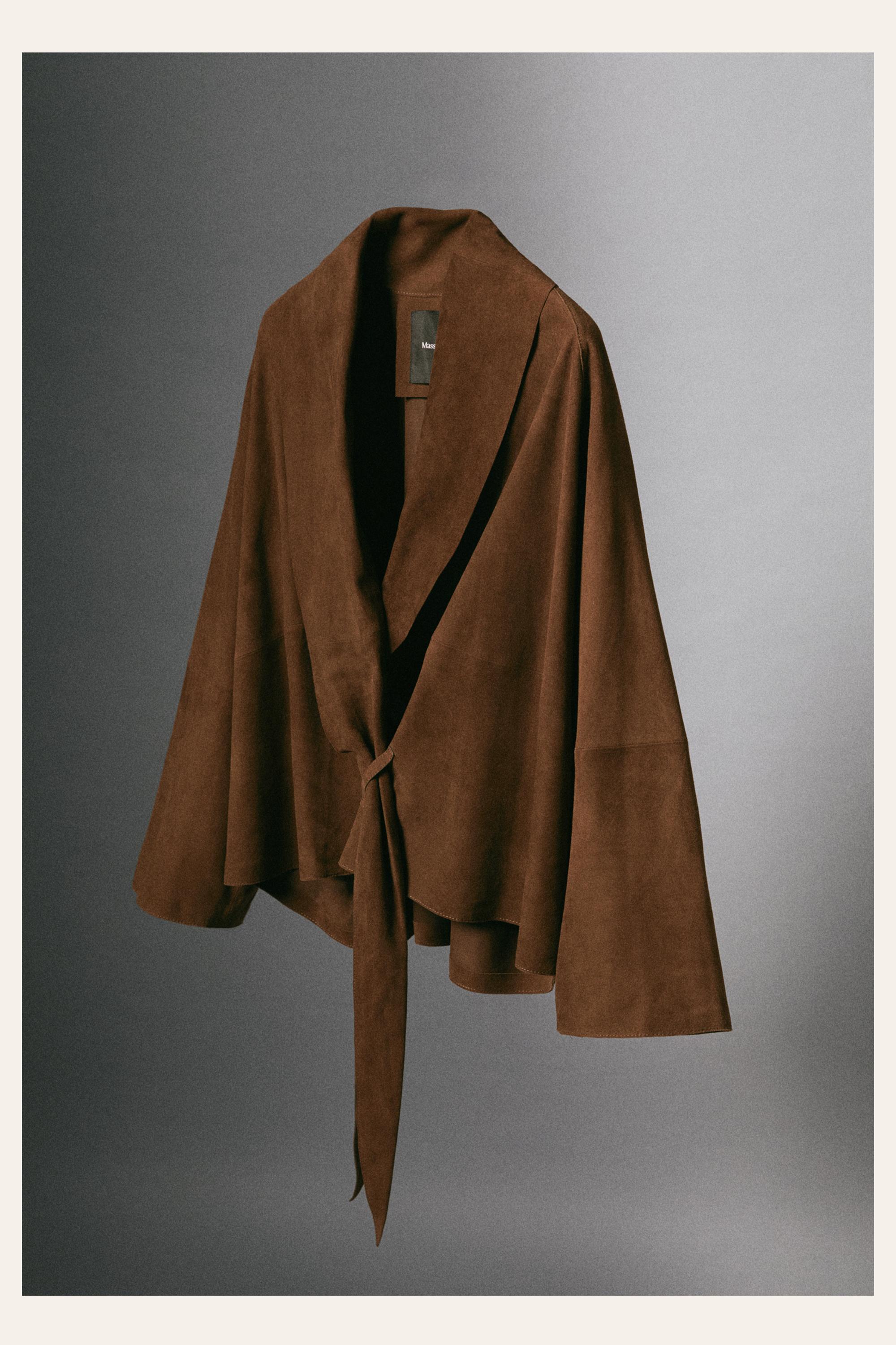 Suede leather wrap kimono — BROWN