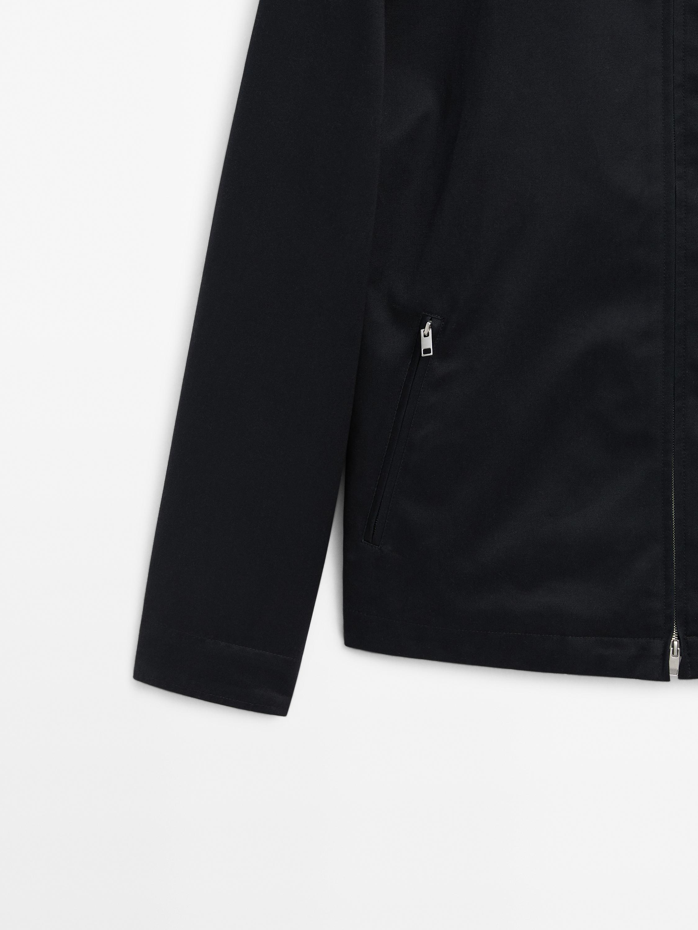 Cotton jacket with leather collar detail