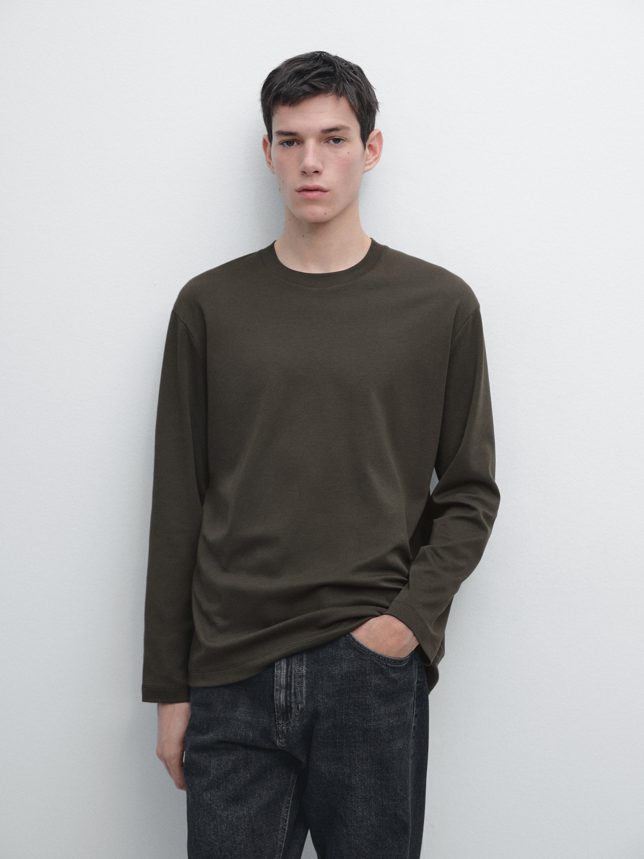 Long sleeve medium weight cotton T-shirt — KHAKI