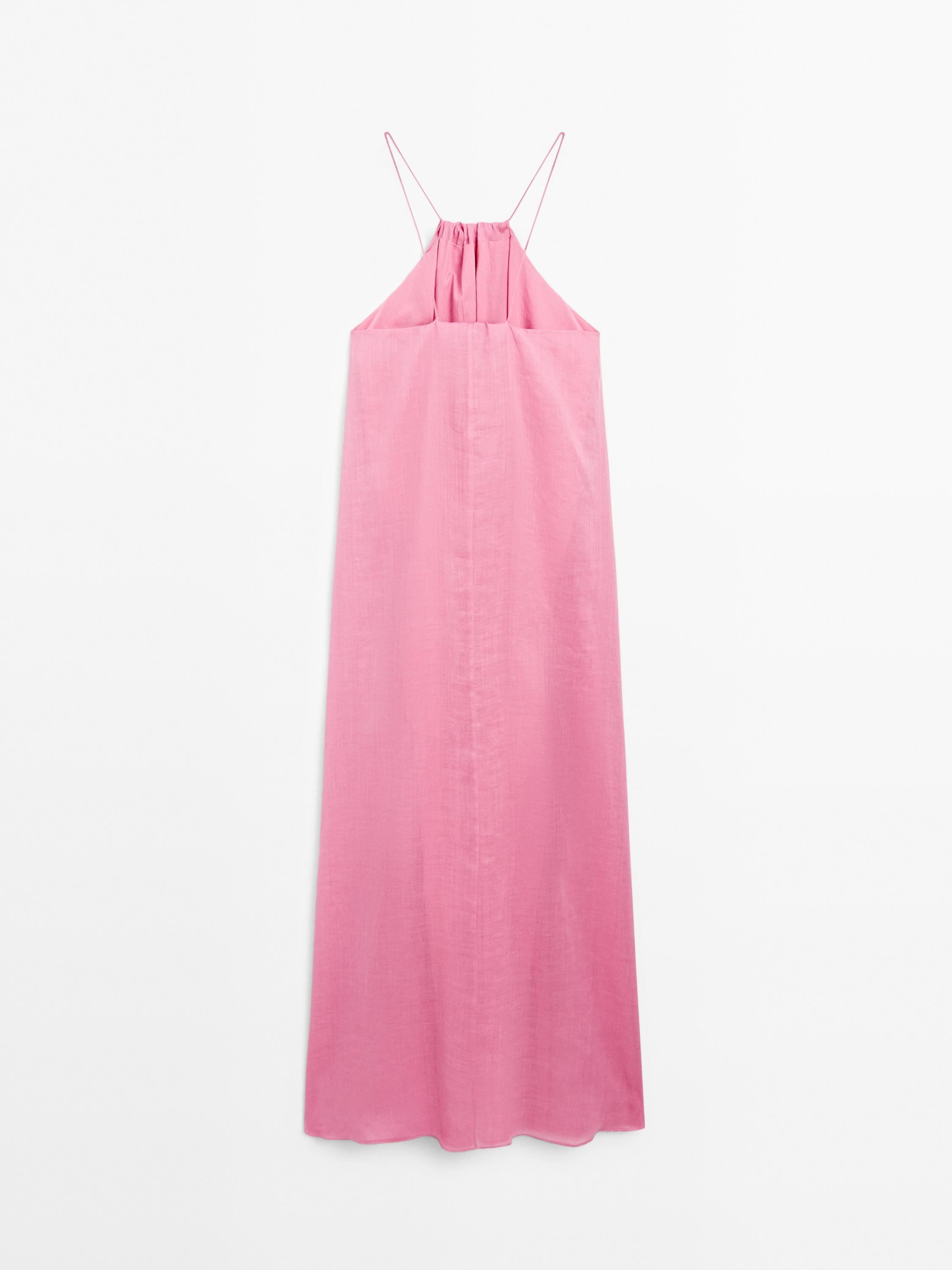 Long gathered halter neck dress