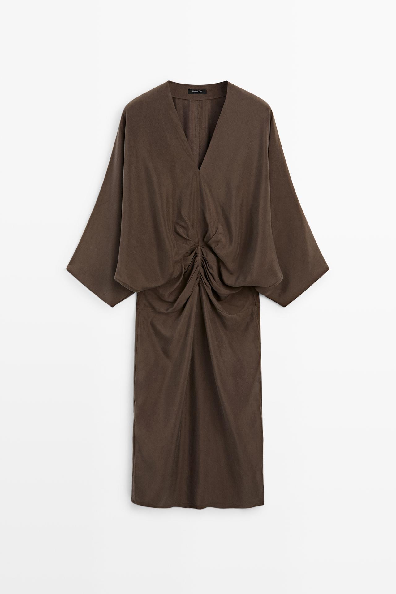 Fluid midi dress with gathered sash — Chocolate