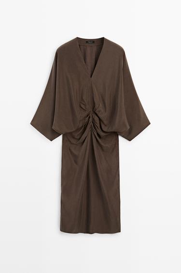 Fluid midi dress with gathered sash — Chocolate 2