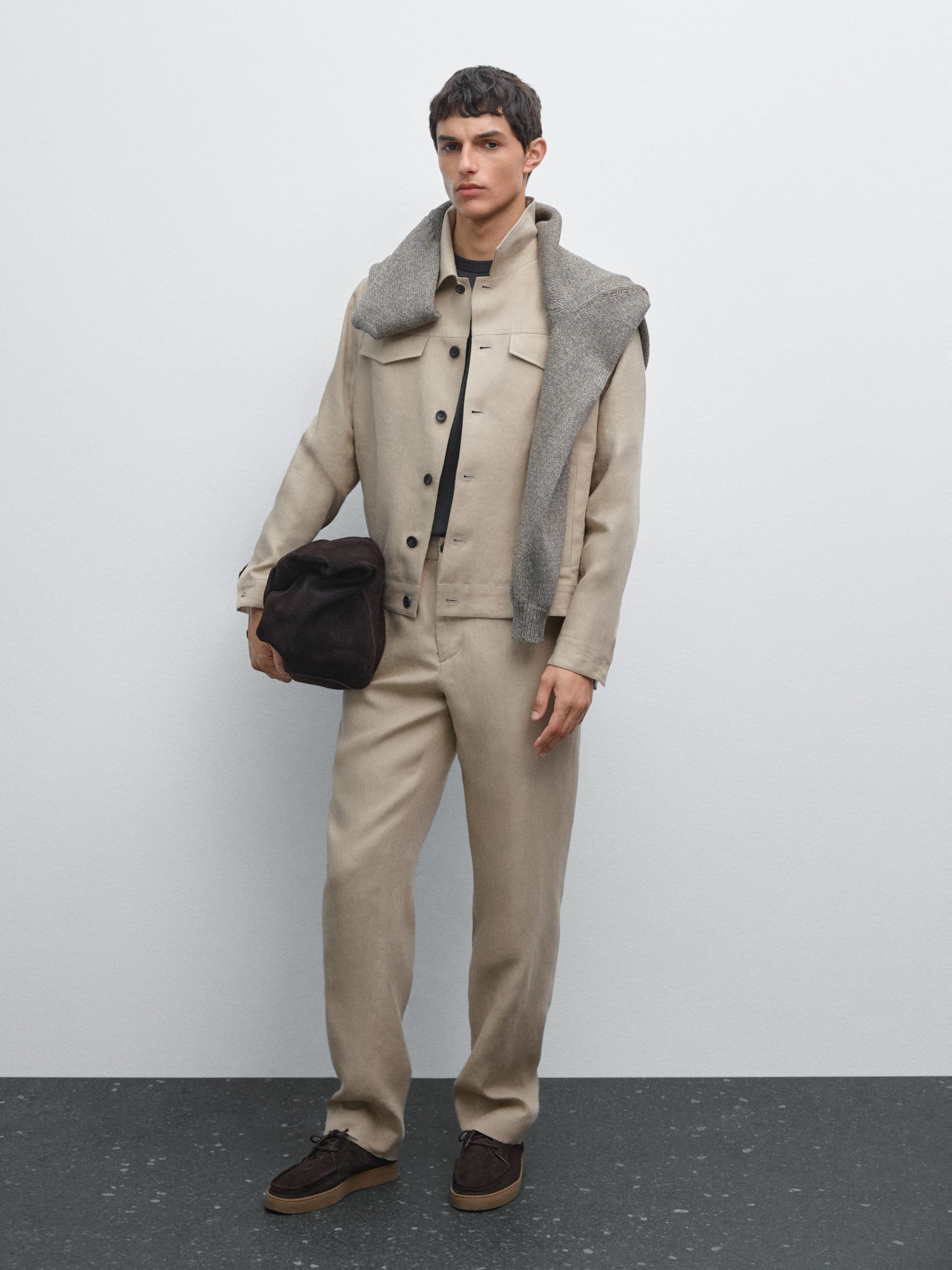 Luźne Lniane Spodnie - Piaskowy - 48 - Massimo Dutti - Mężczyzna