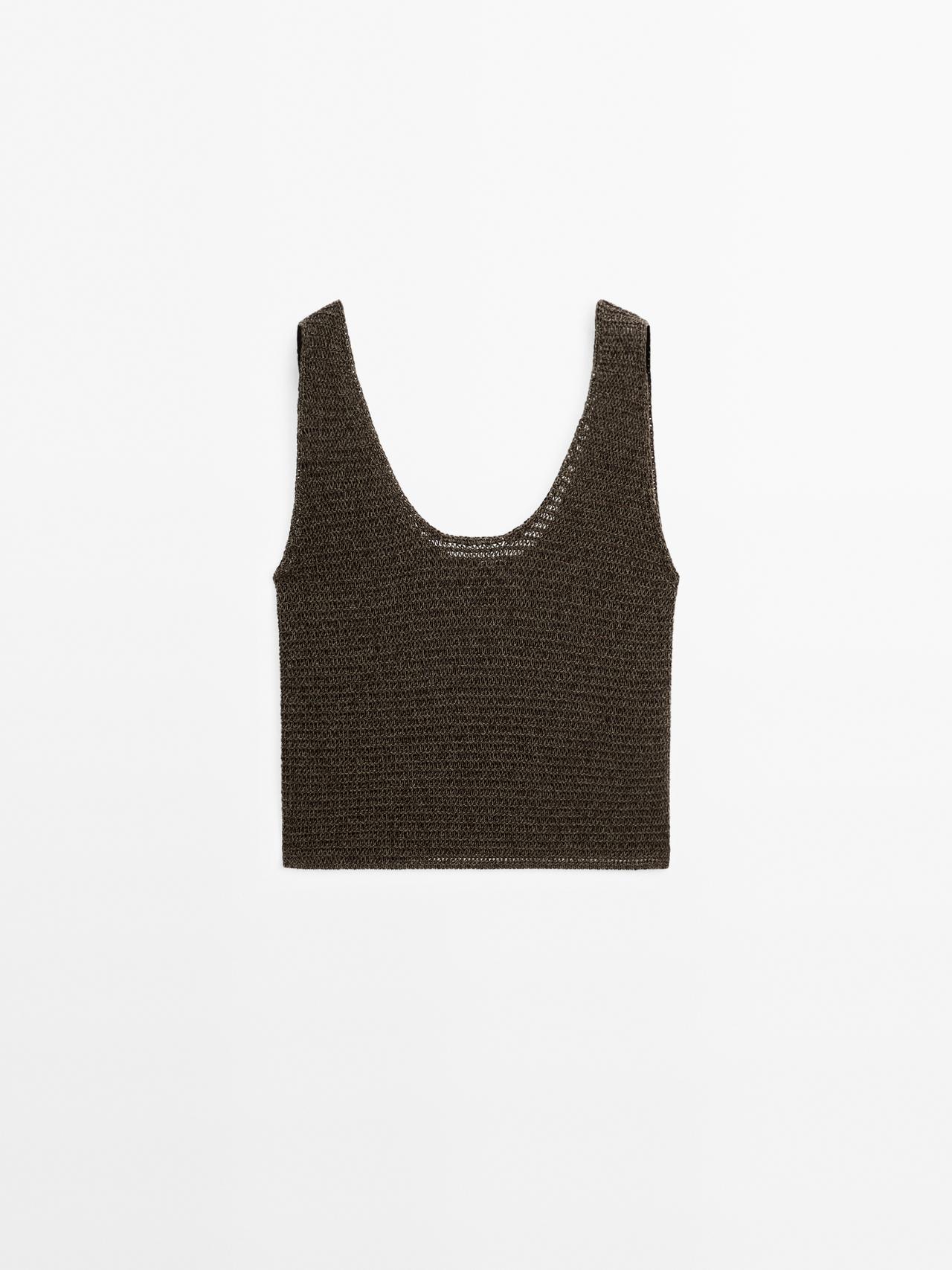 Massimo Dutti - Dame - Strikket Top I Bomuldsblanding Med Rund Halsudskæring - Grøn - M