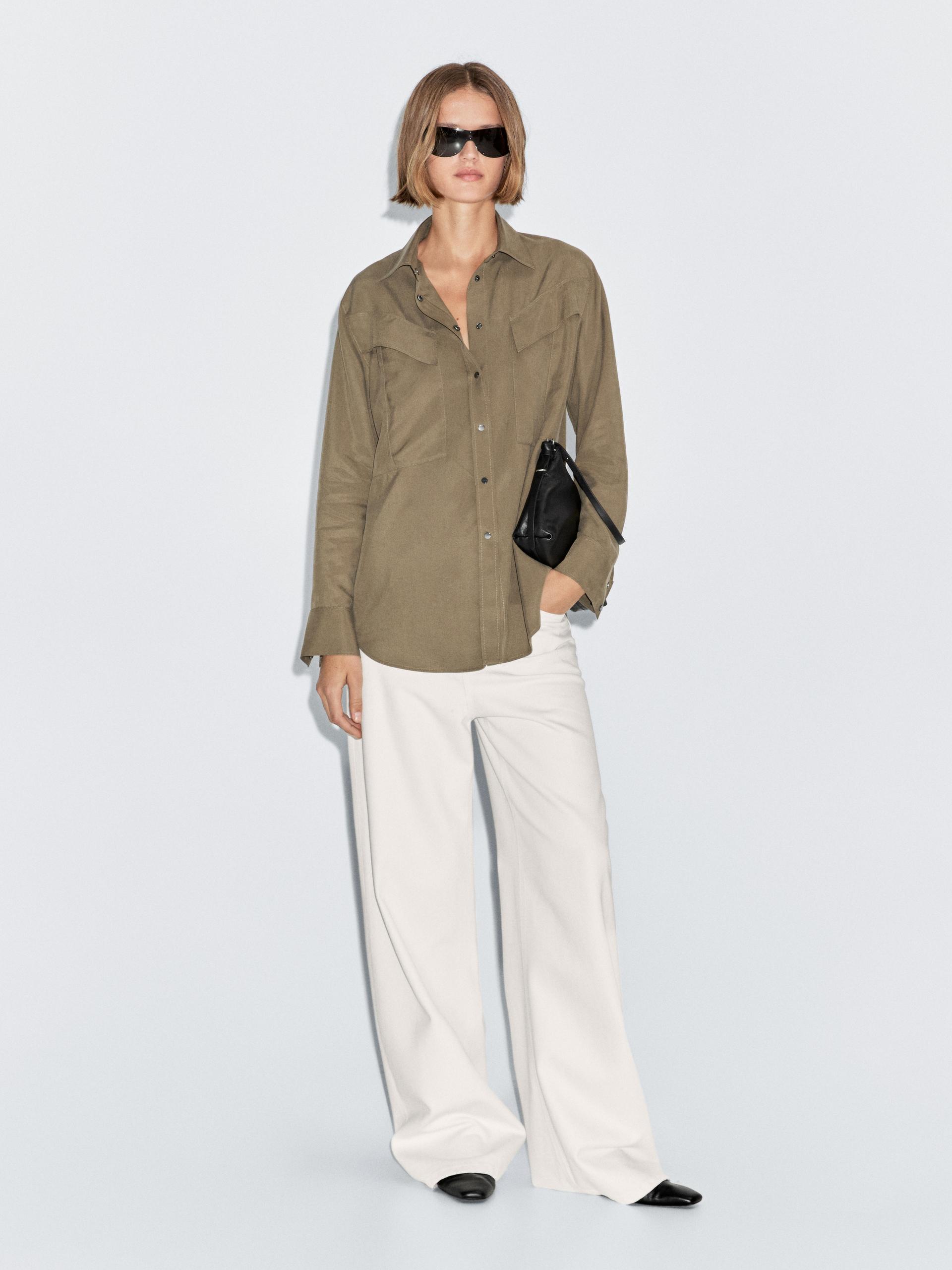 Chemise Longue Avec Poches - Kaki - M - Massimo Dutti - Femme