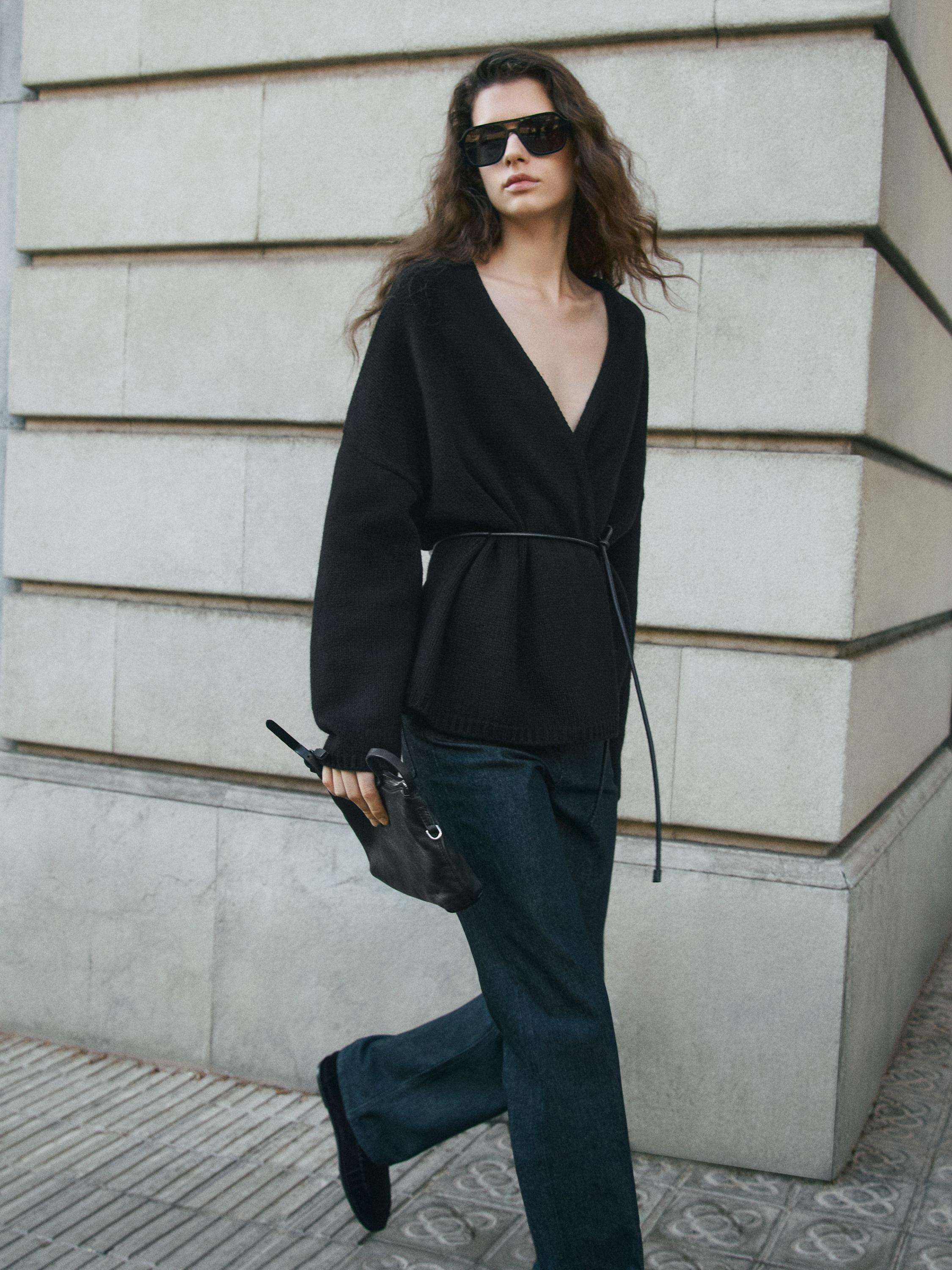 Long knit cardigan with belt