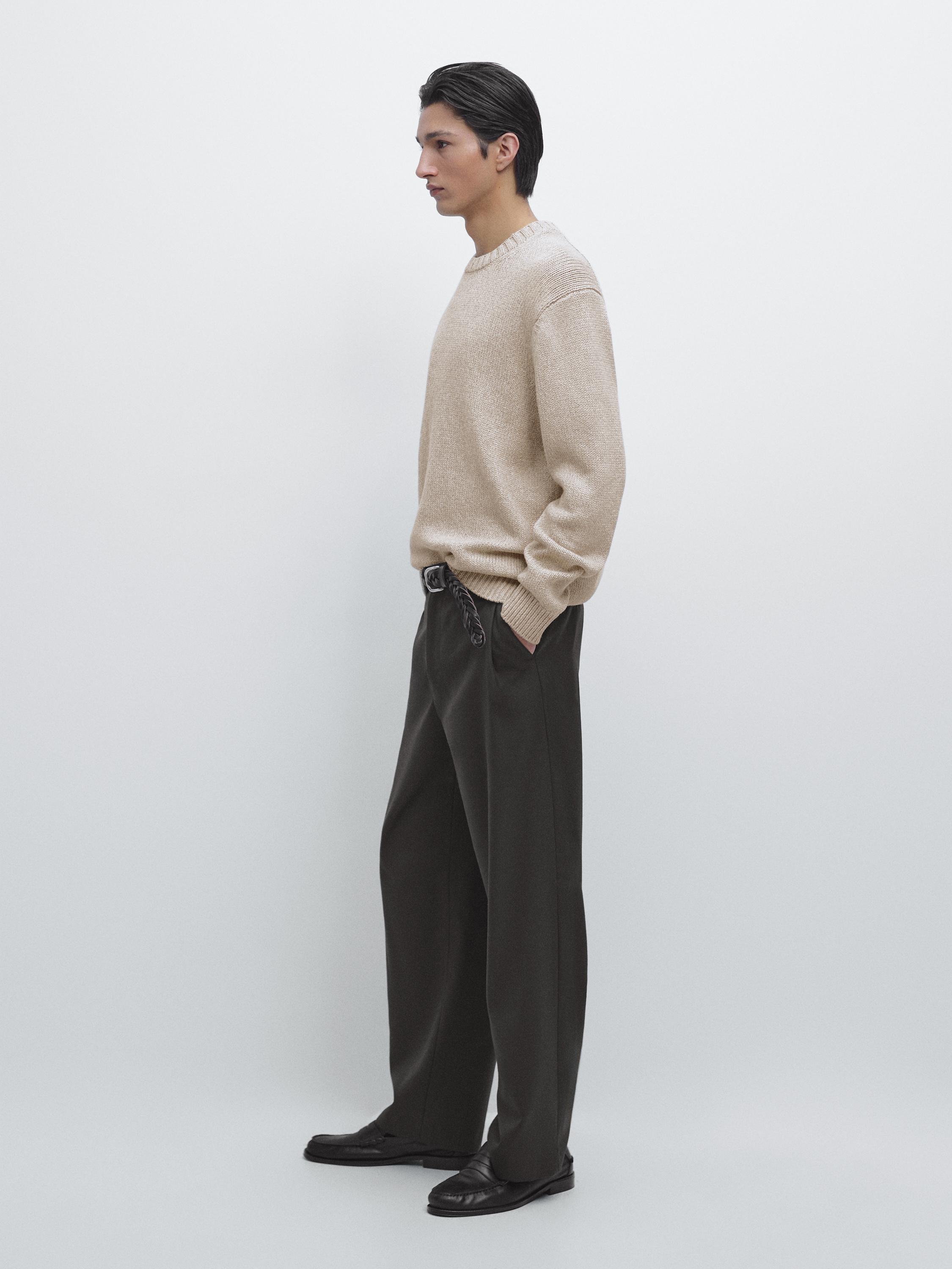 Cotton blend knit crew neck sweater — BEIGE