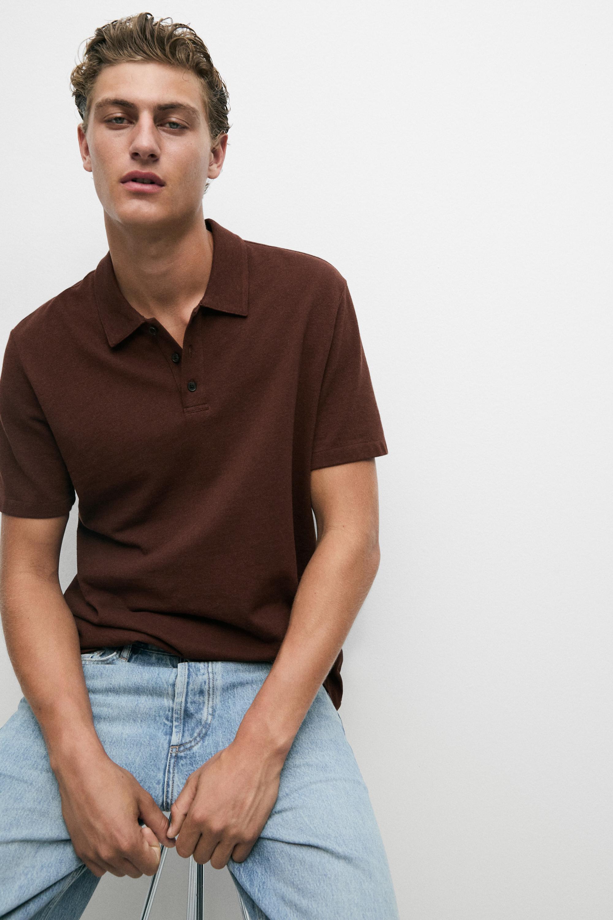 Micro-textured cotton blend polo shirt — Russet Brown