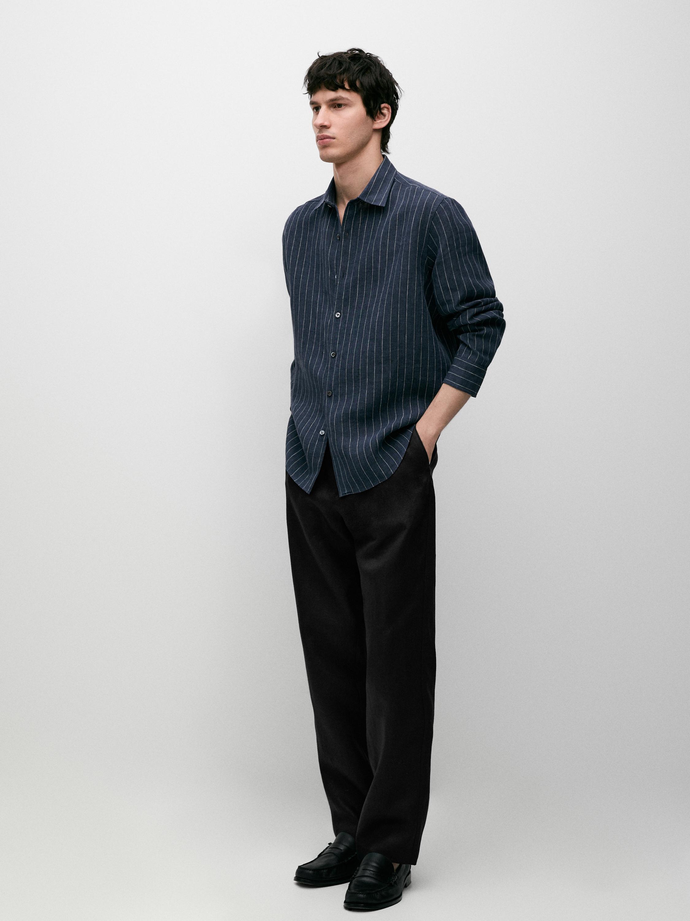 Regular fit 100% linen striped shirt — FADED BLUE