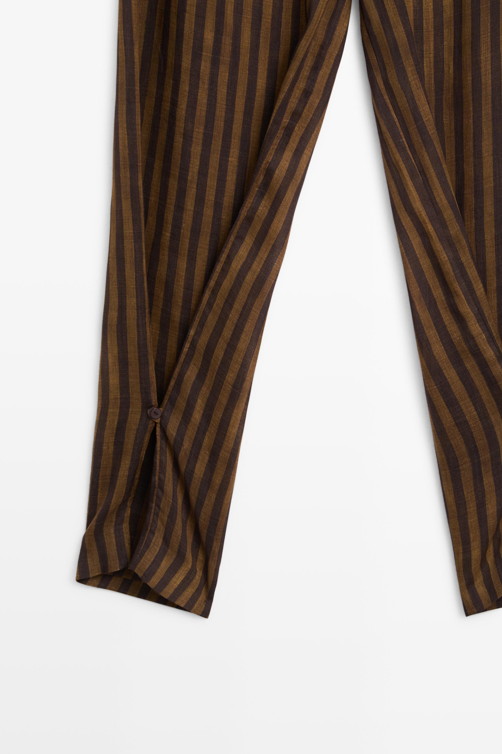 Total look flowing striped pants with button hem — DARK KHAKI