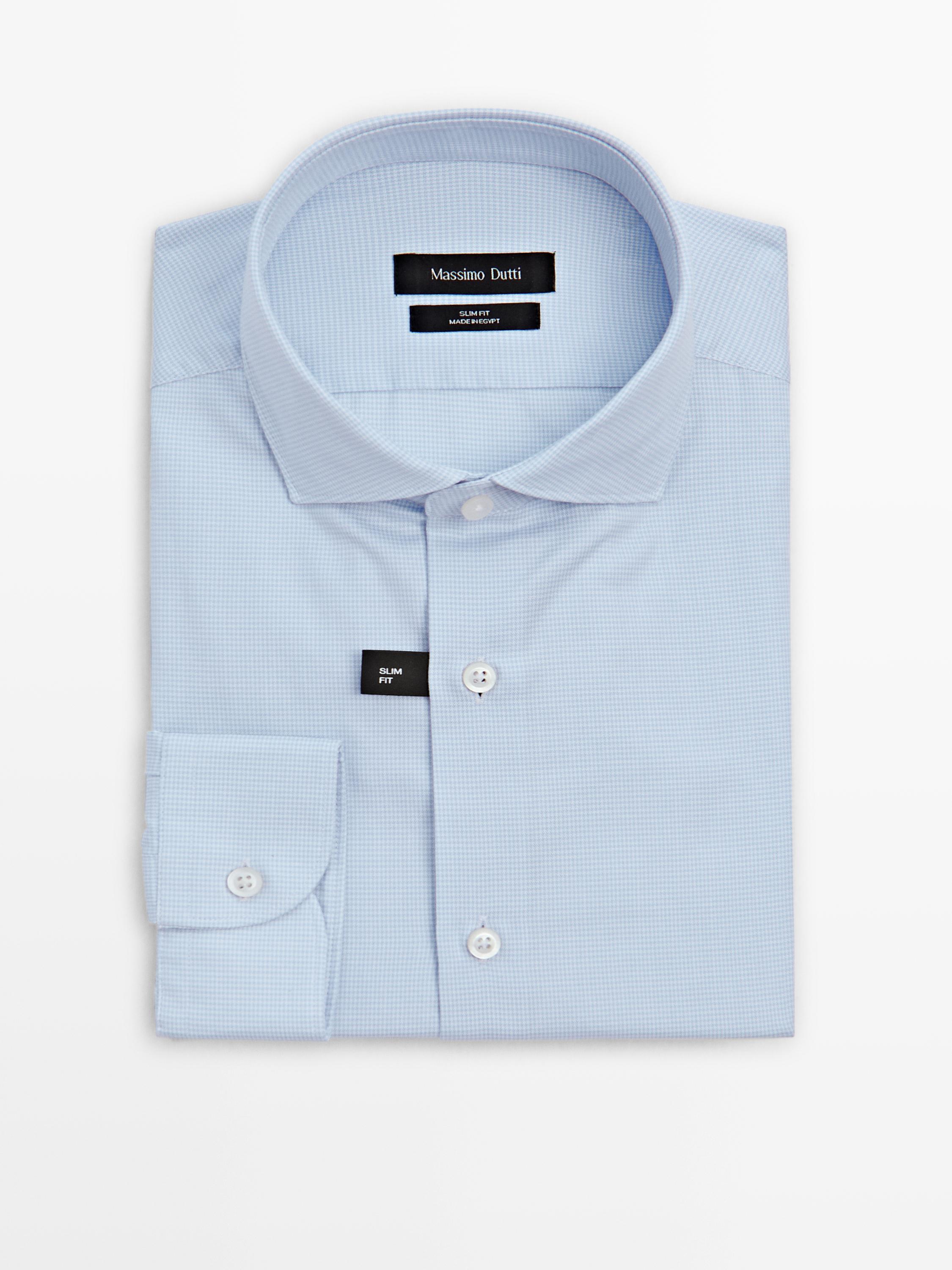 Slim fit micro-checked 100% cotton shirt — SKY BLUE