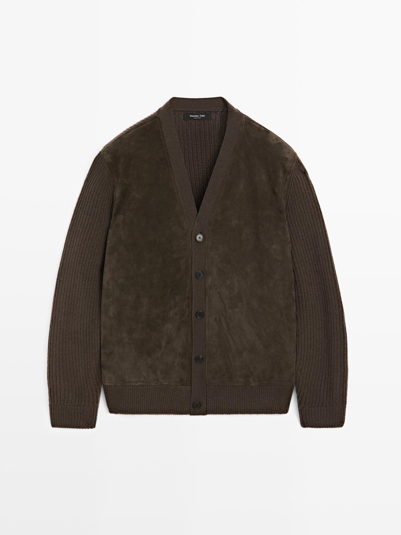 Massimo Dutti - Herre - Strikket Cardigan I Kombineret Uld Og Skind - Brun - L