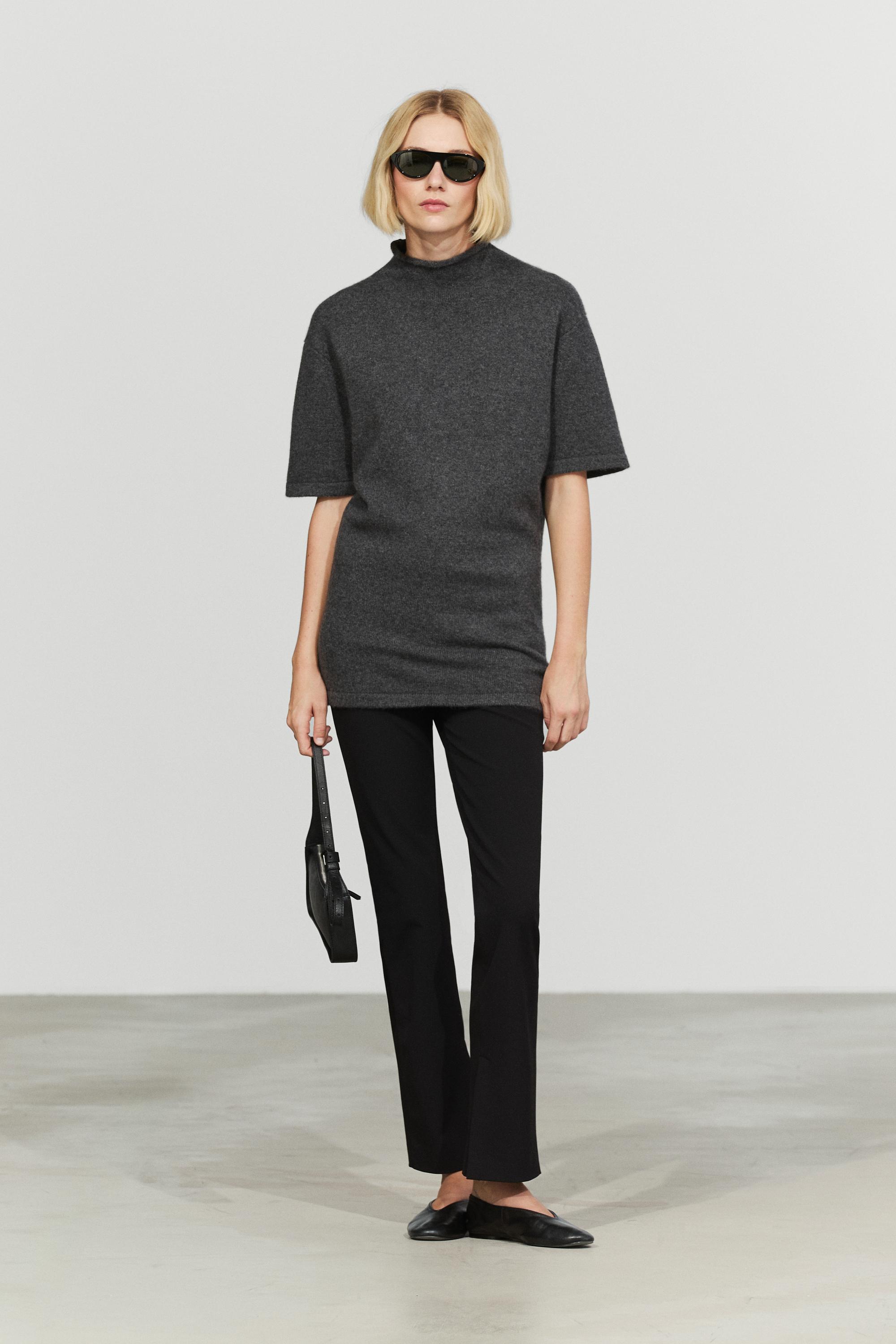 100% cashmere knit short sleeve sweater — GREY