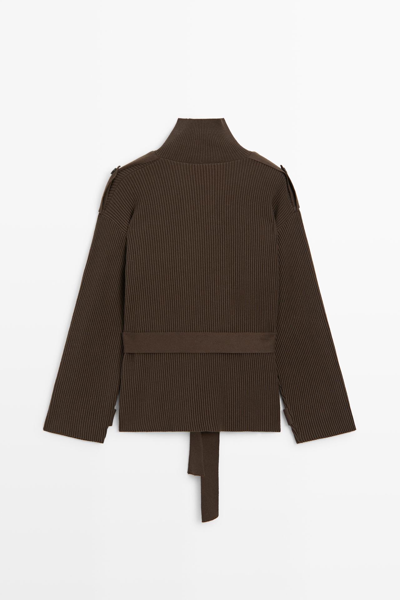 Ribbed knit cardigan with belt — BROWN