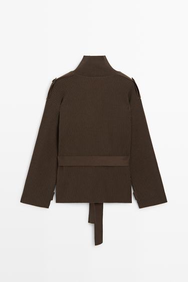 Ribbed knit cardigan with belt — BROWN 6